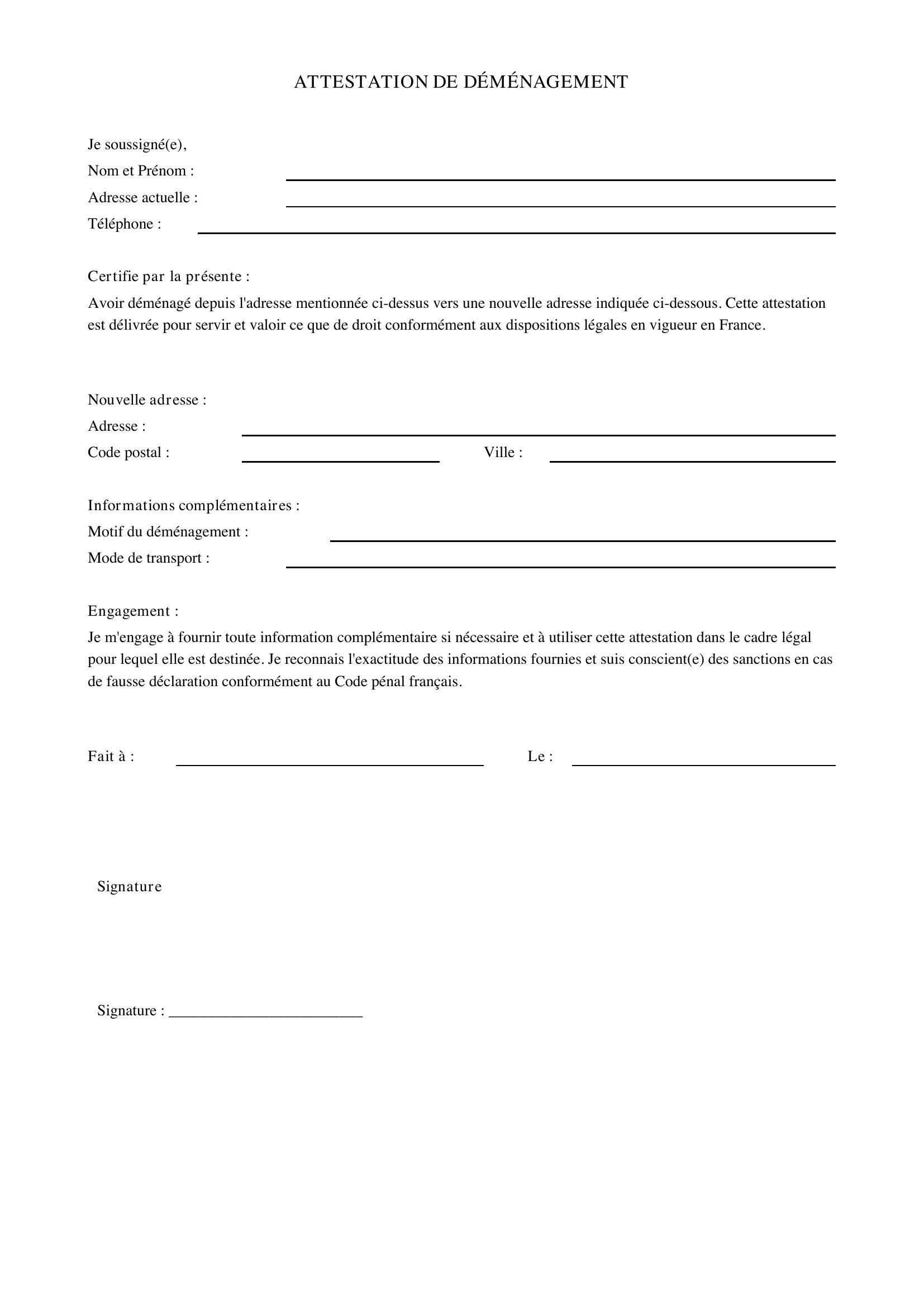 Attestation De Déménagement