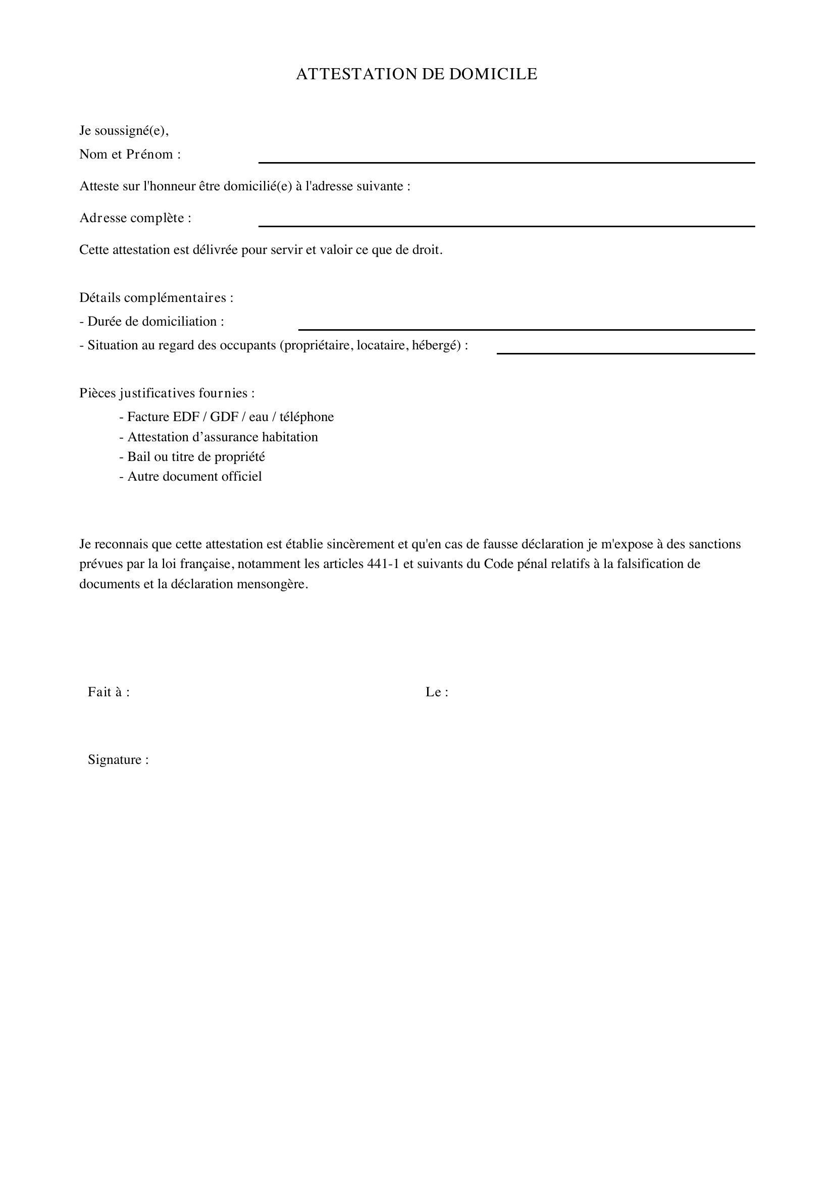 Attestation De Domicile