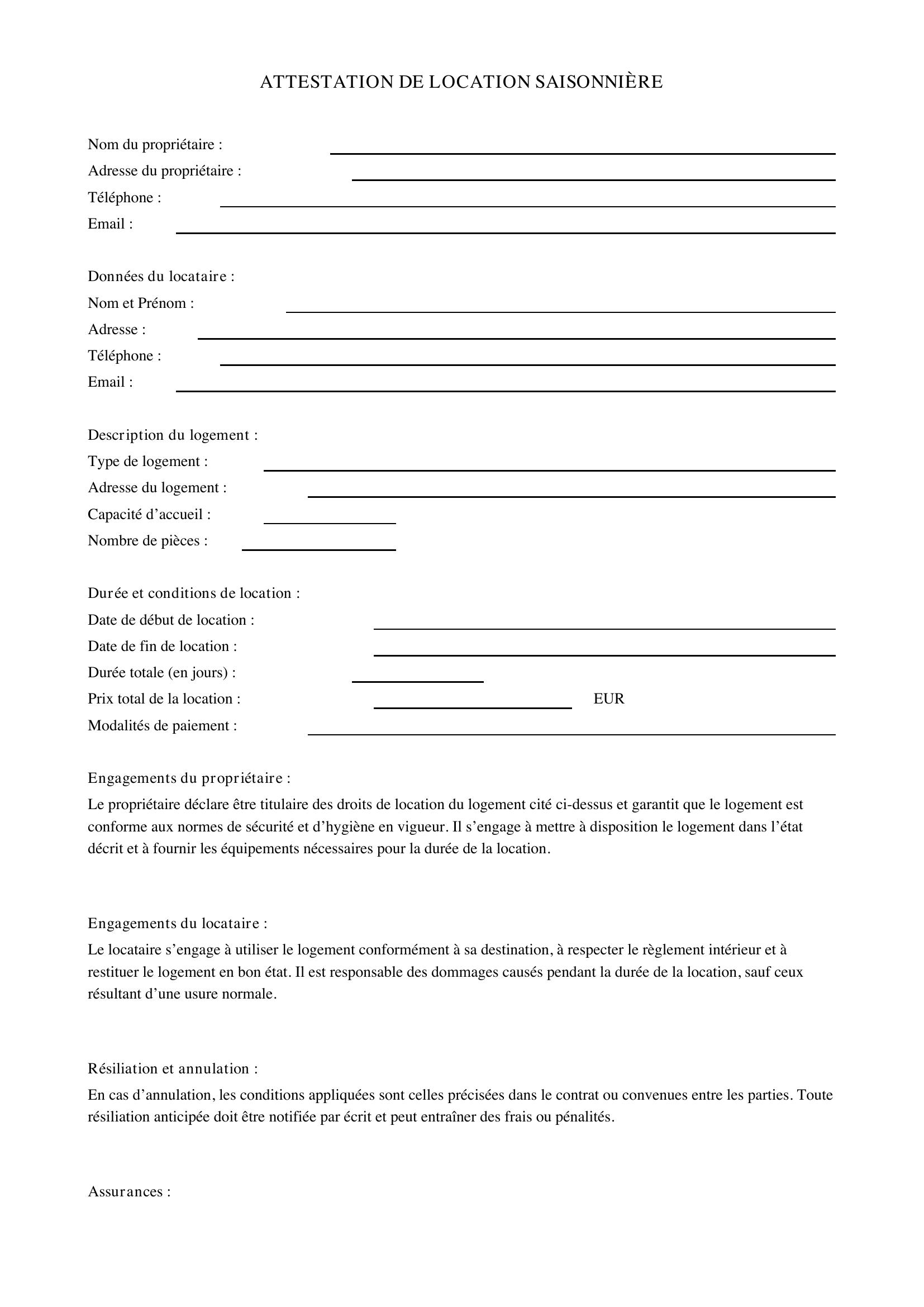 Attestation De Location Saisonnière