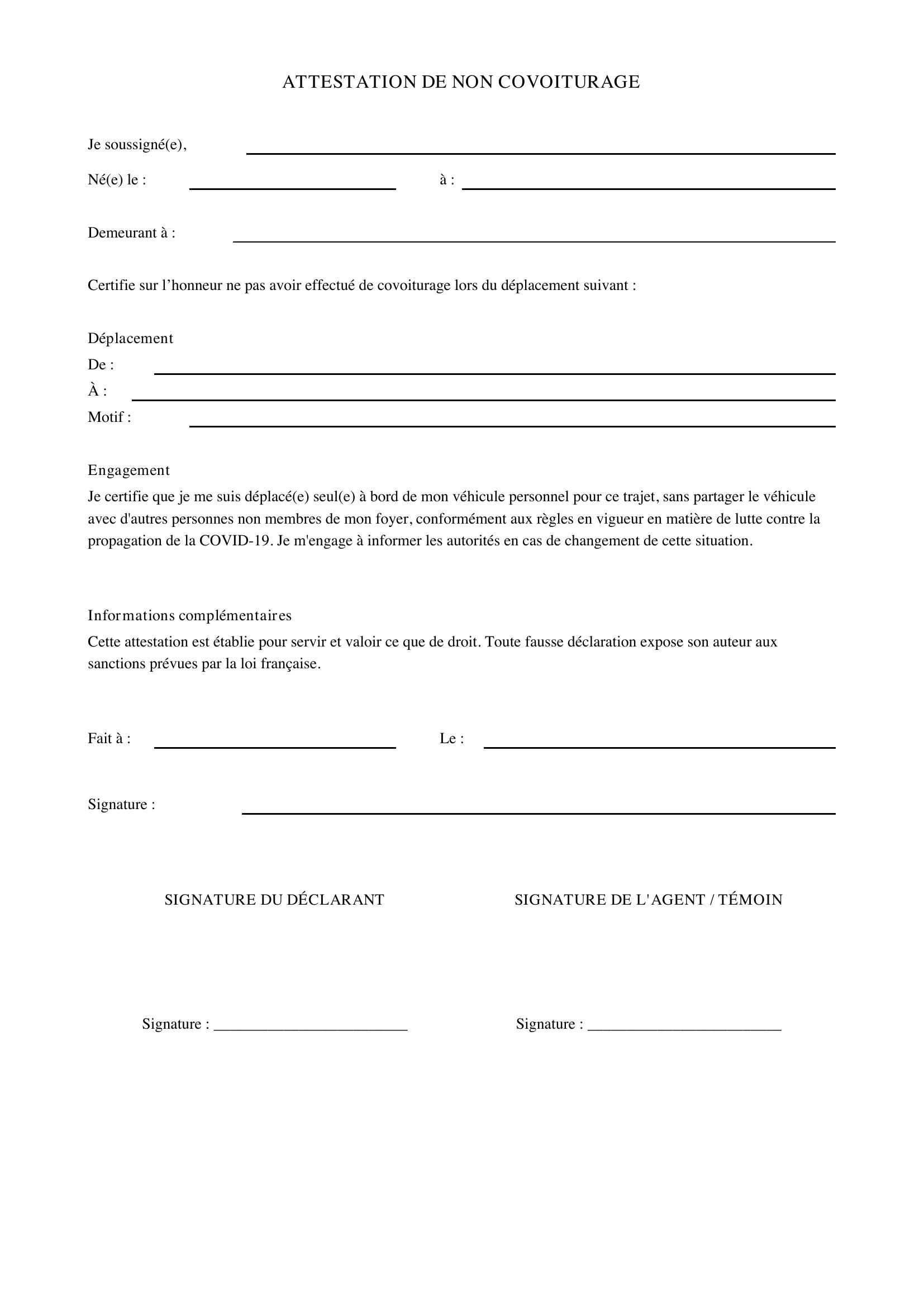 Attestation De Non Covoiturage