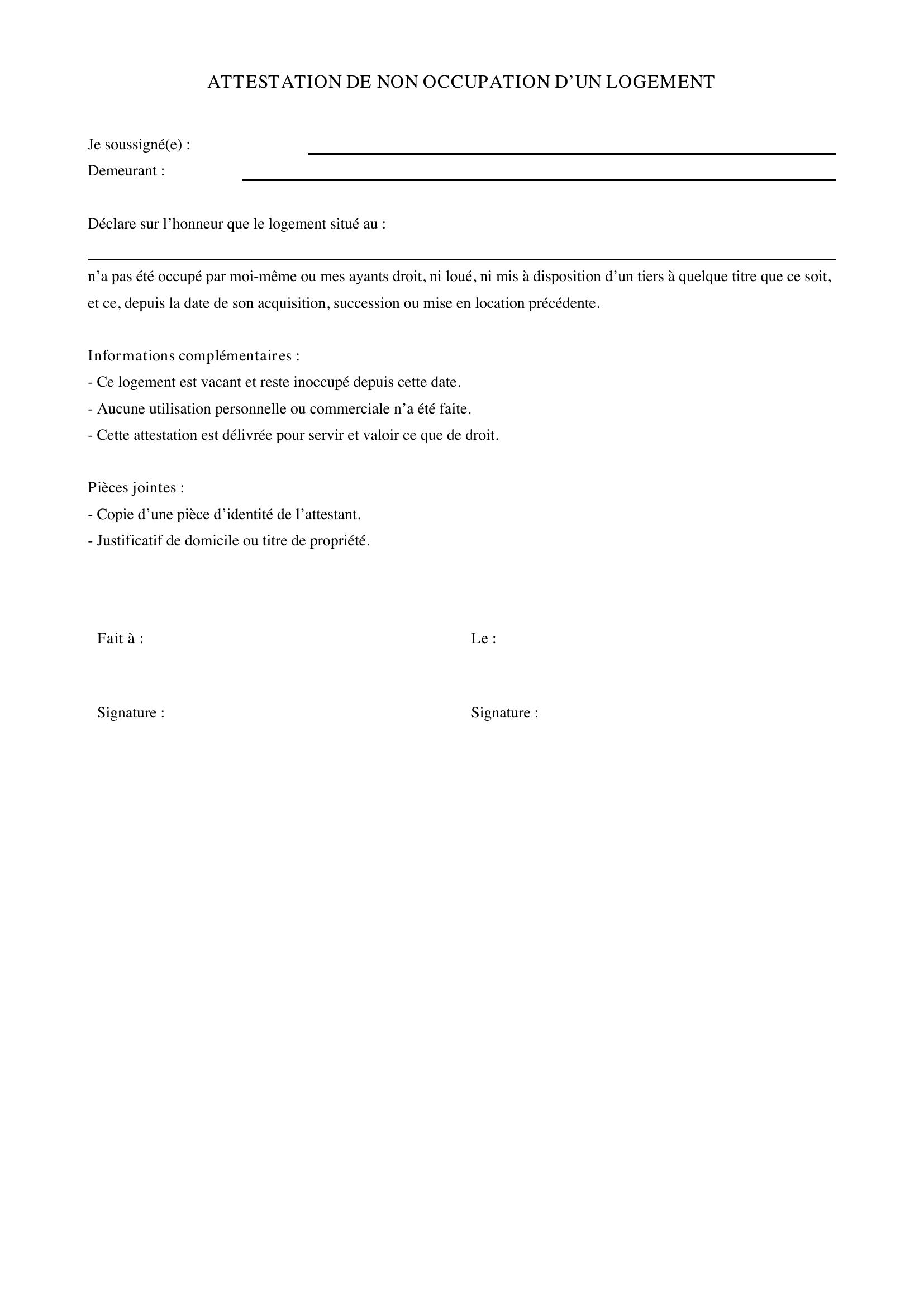 Attestation De Non Occupation D'Un Logement