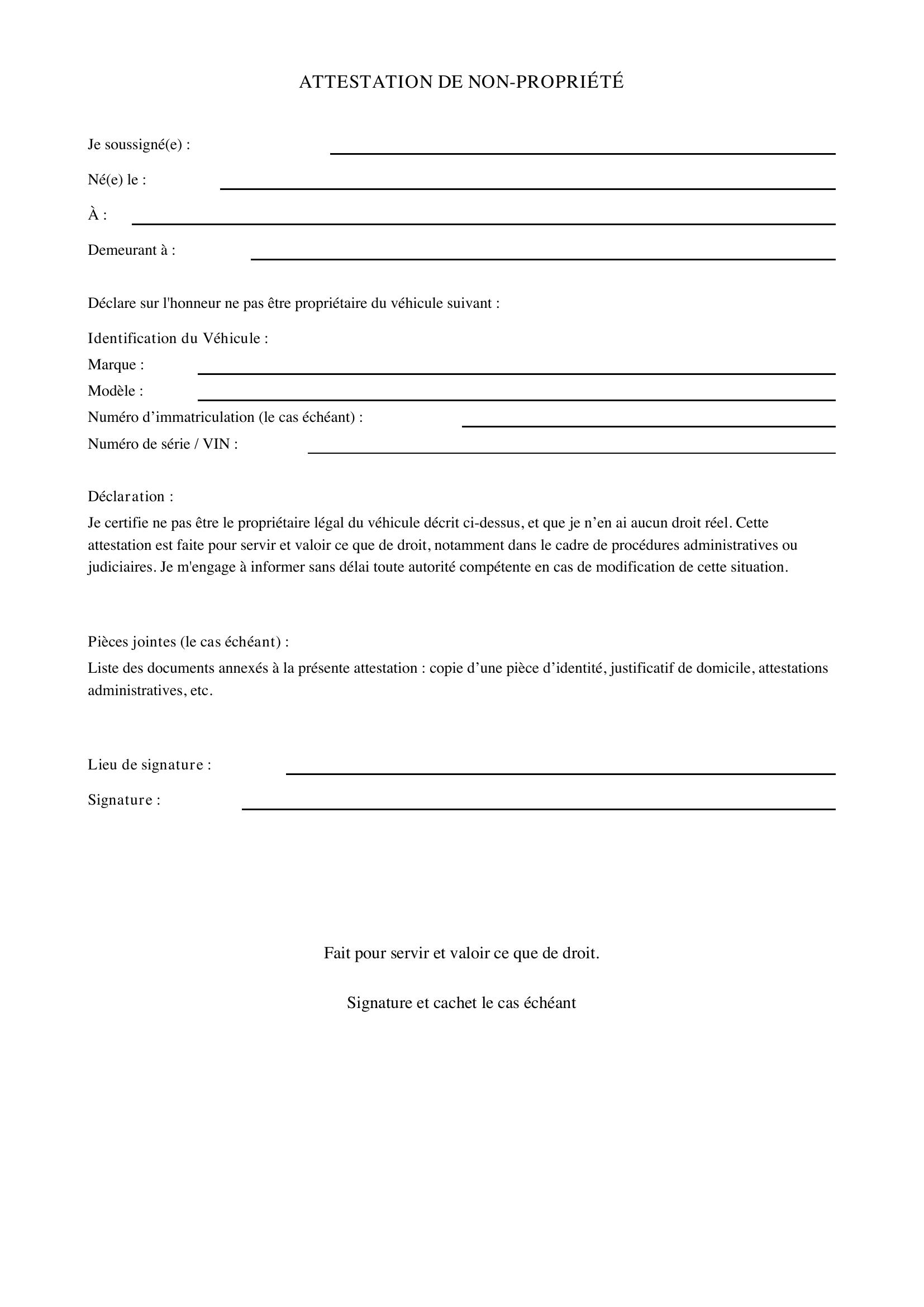 Attestation De Non Propriété