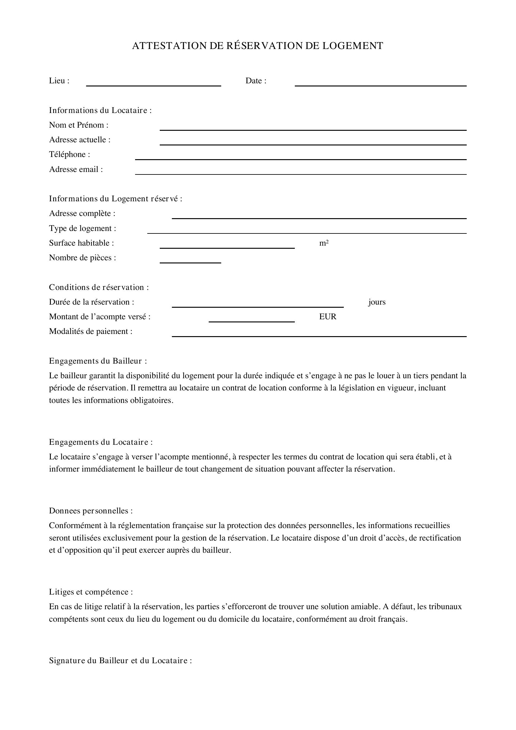Attestation De Réservation Logement