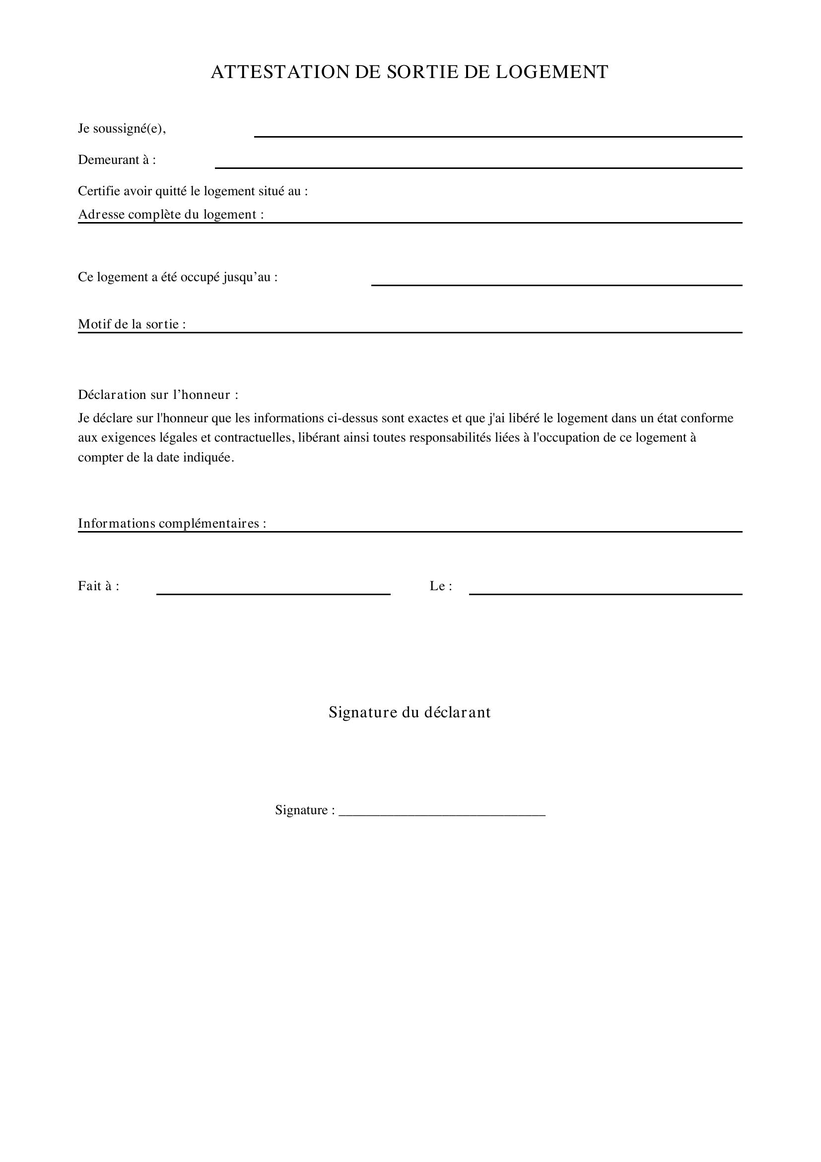 Attestation De Sortie De Logement