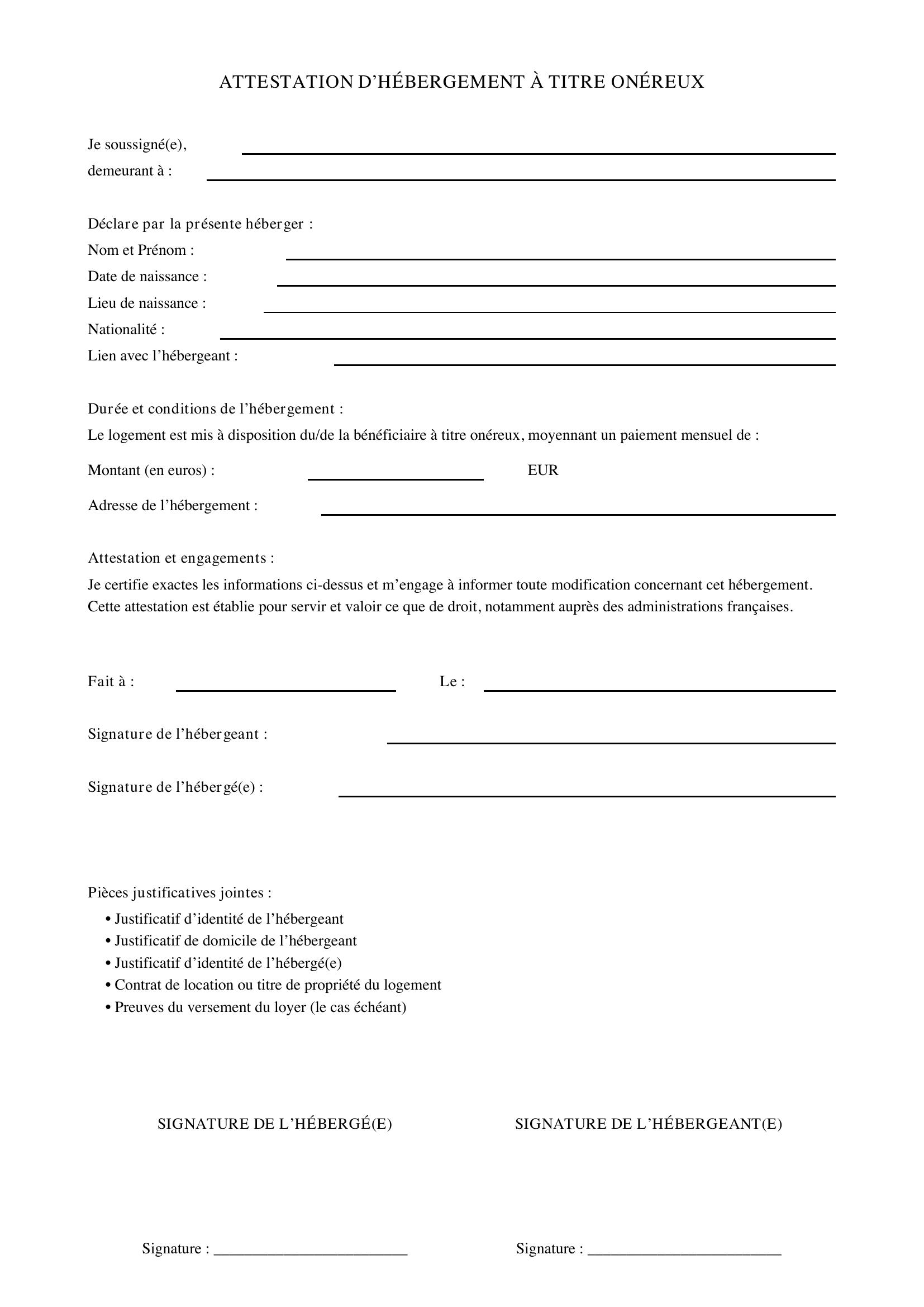 Attestation D'Hébergement À Titre Onéreux