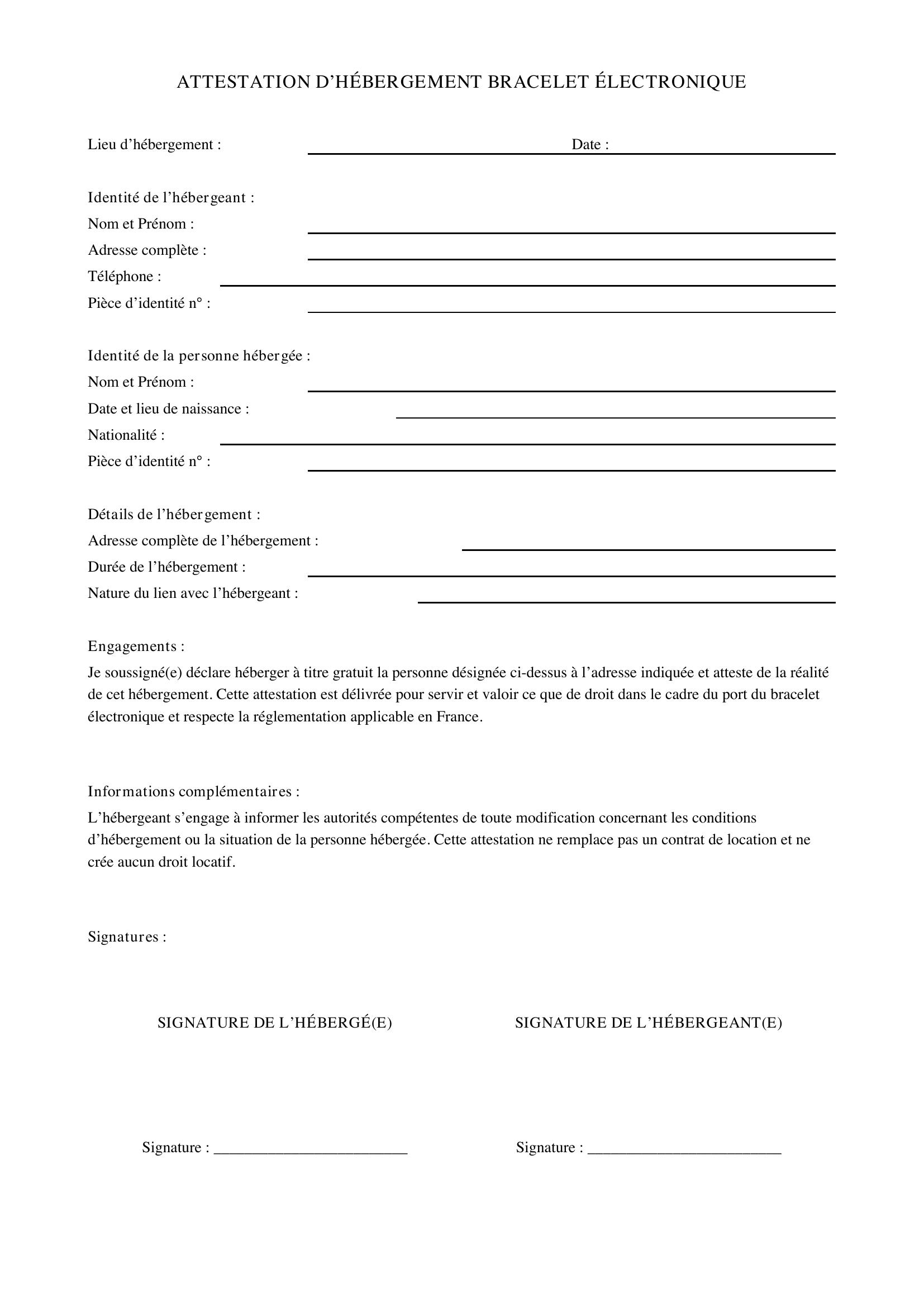 Attestation D'Hébergement Bracelet Electronique