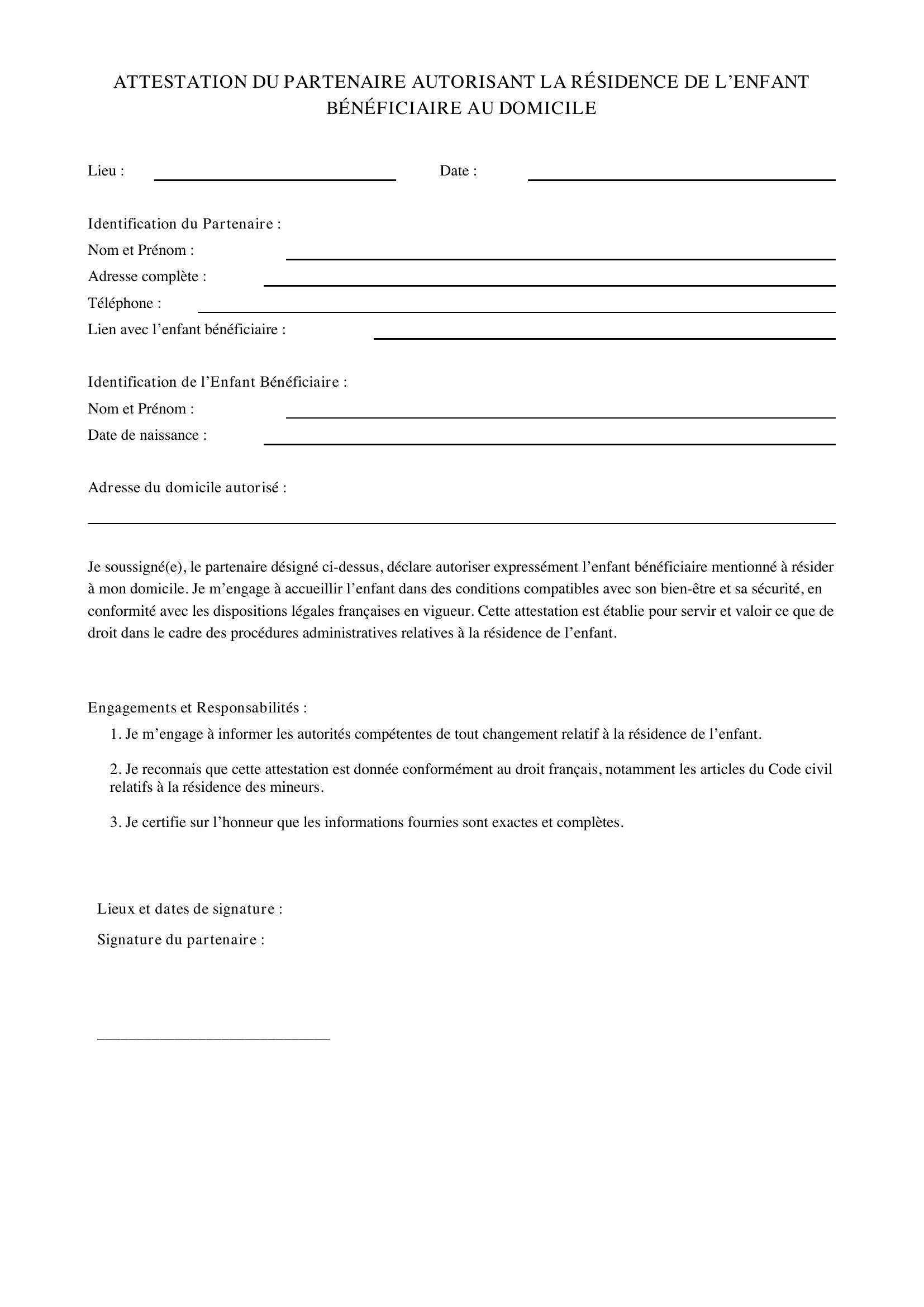 Attestation Du Partenaire Autorisant La Résidence De L'Enfant Bénéficiaire Au Domicile