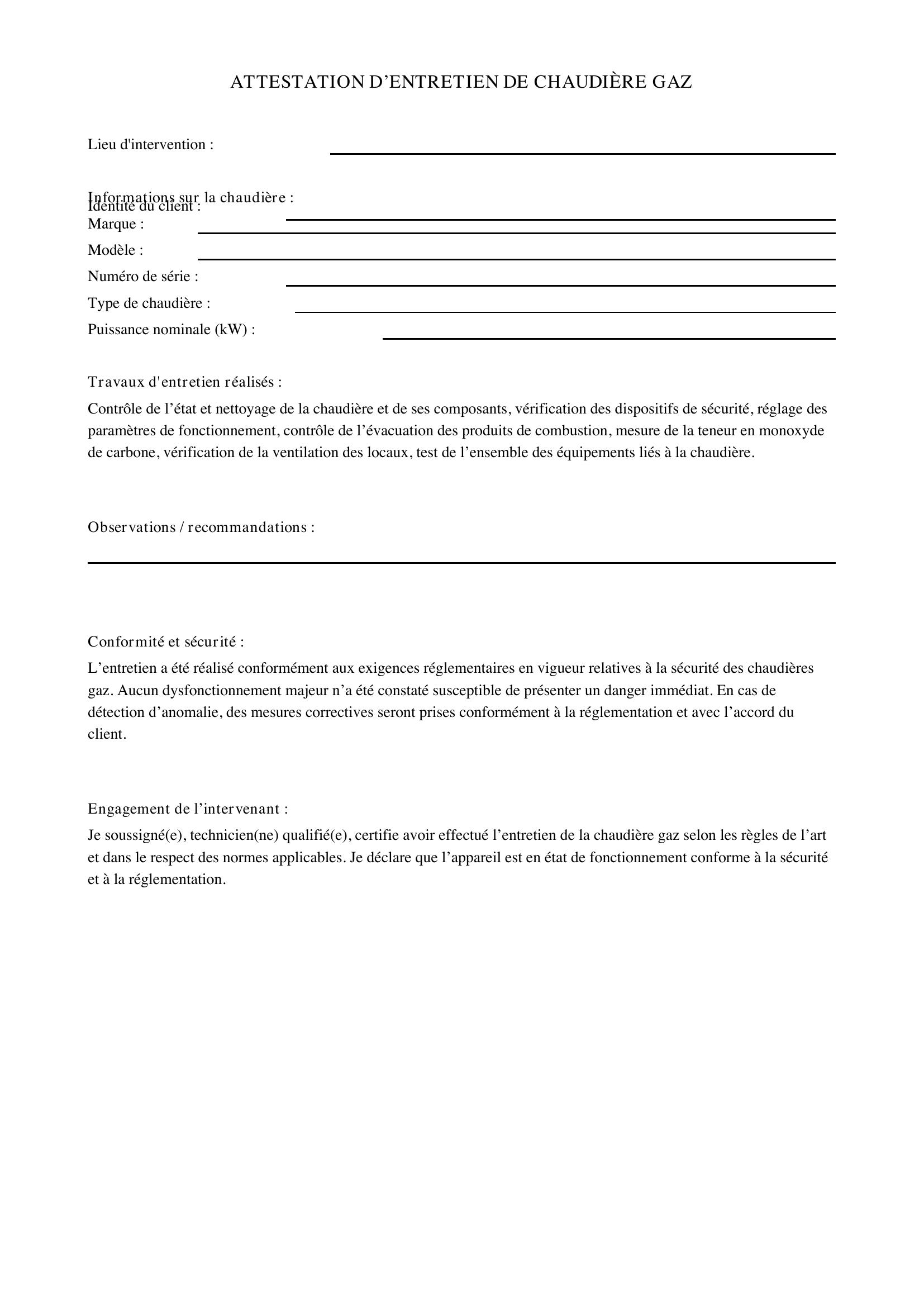 Attestation Entretien Chaudière Gaz