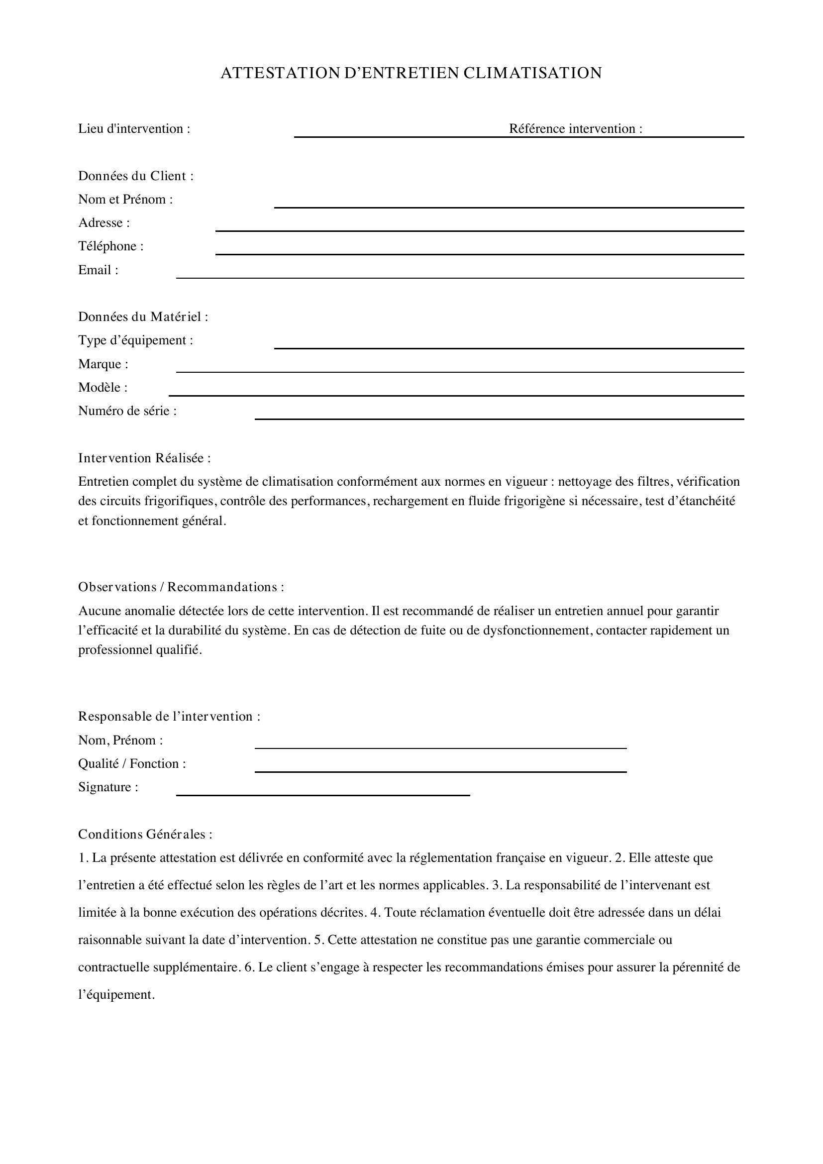Attestation Entretien Climatisation