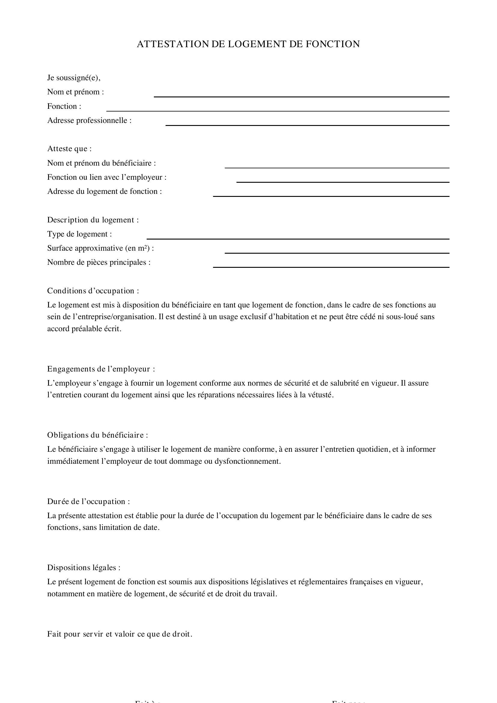 Attestation Logement De Fonction