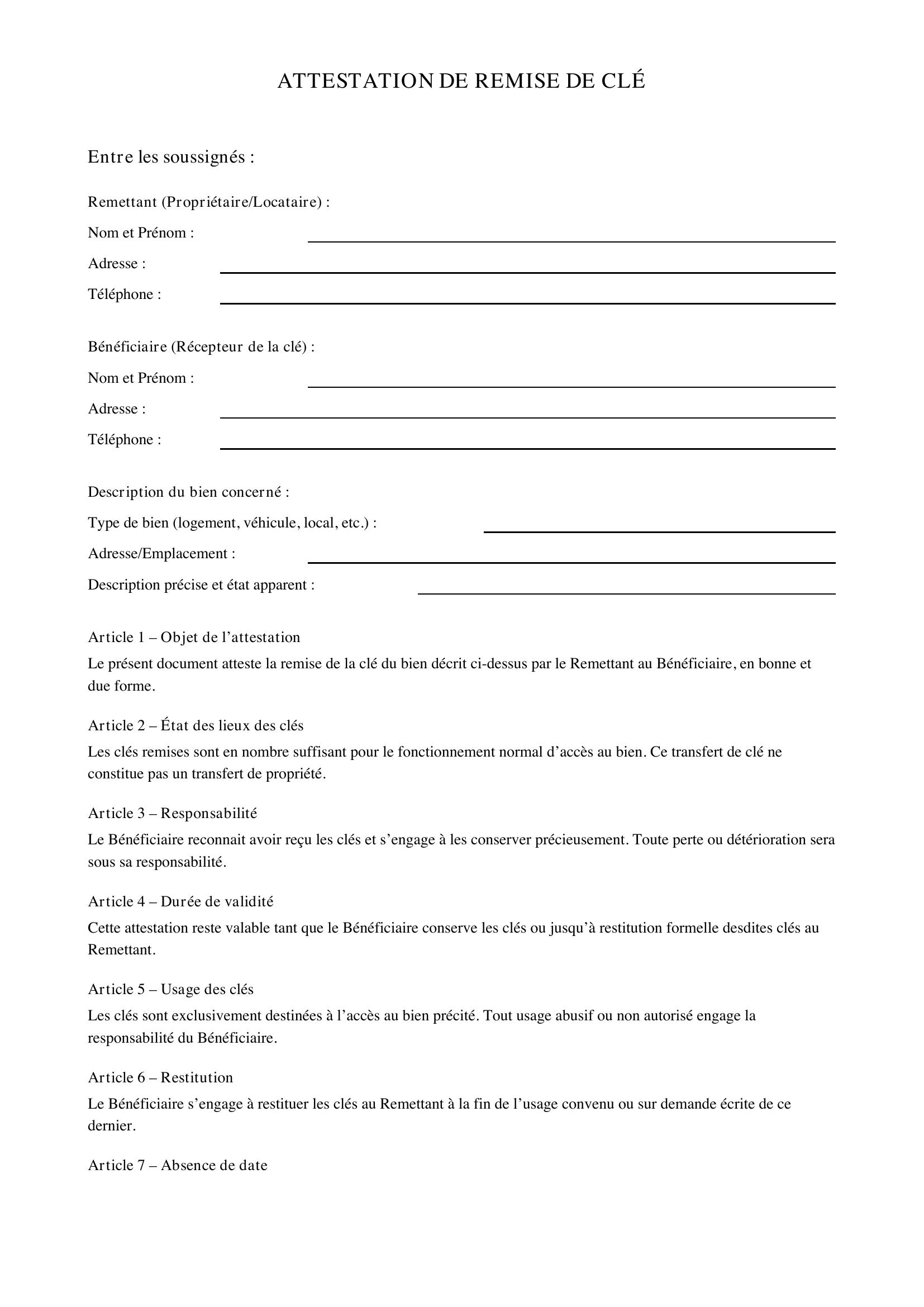Attestation Remise De Clé