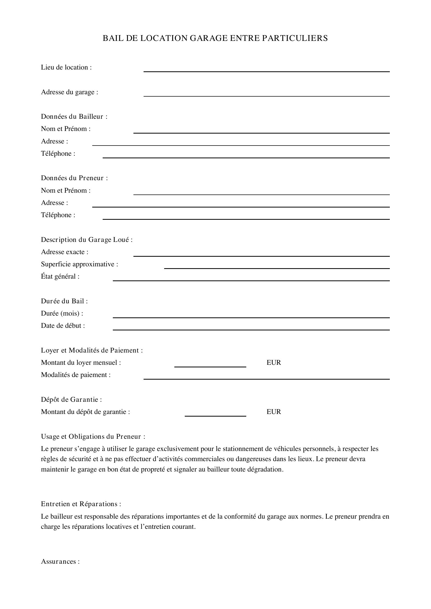 Bail Location Garage Entre Particulier