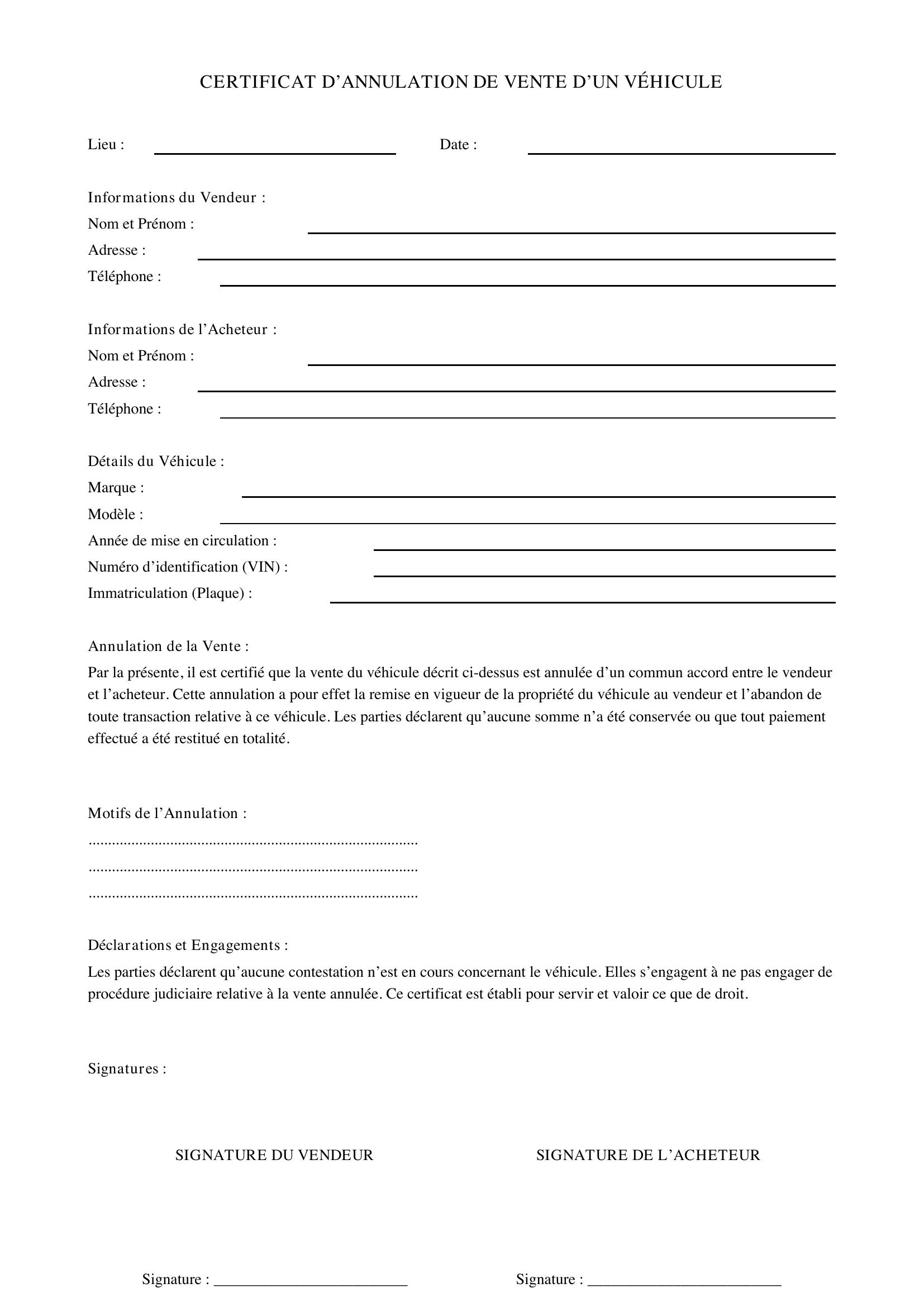 Certificat D'Annulation De Vente D'Un Véhicule