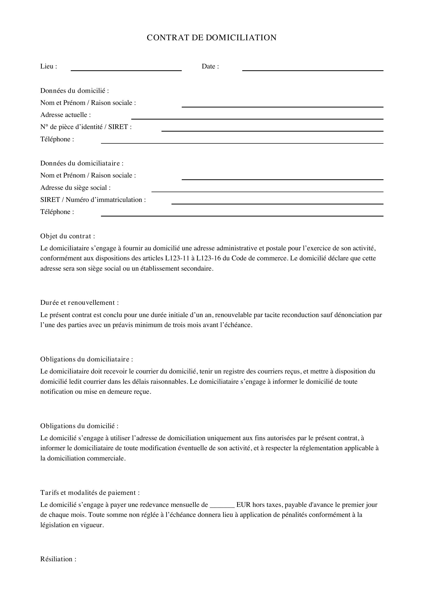 Contrat De Domiciliation