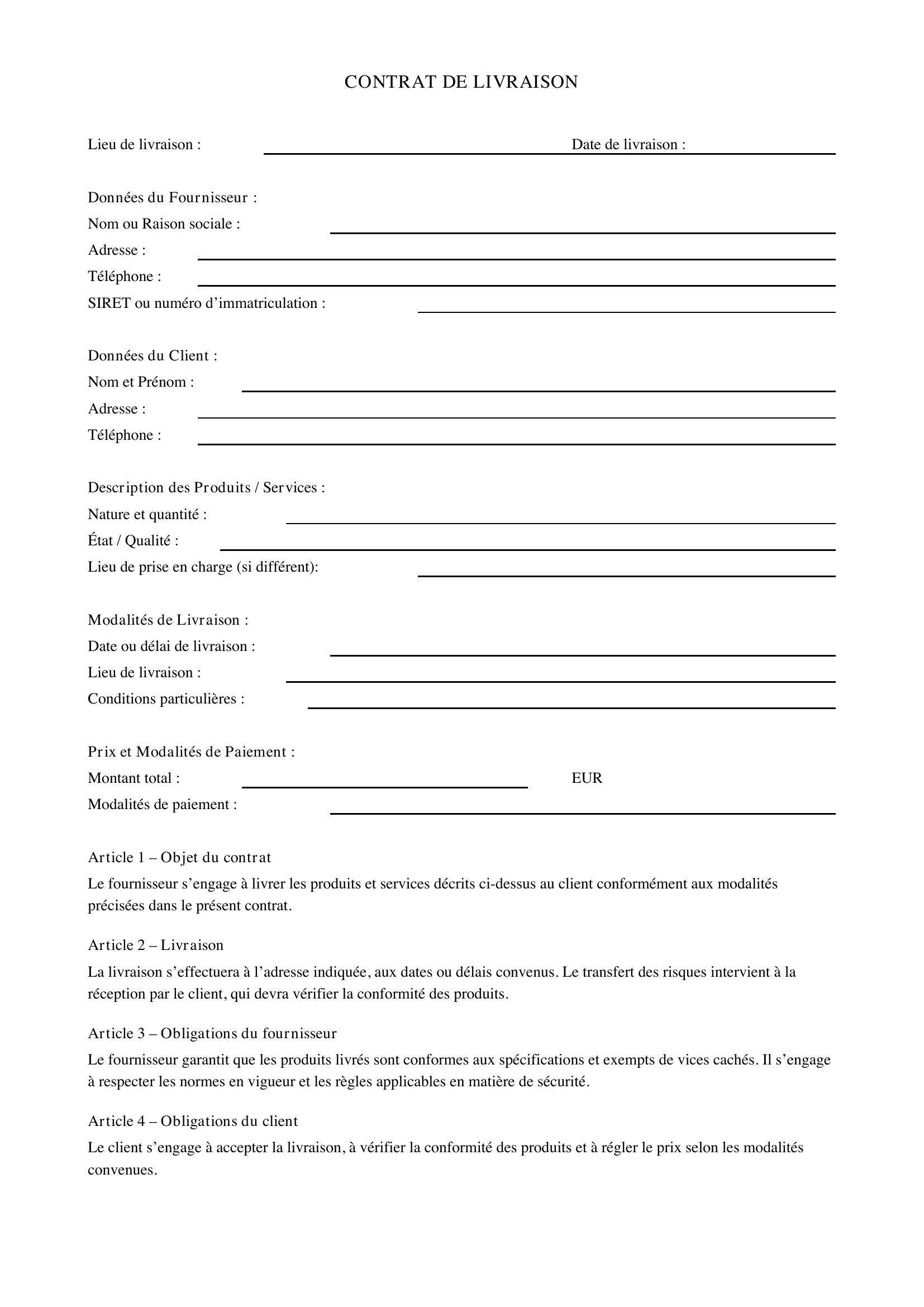 Contrat De Livraison