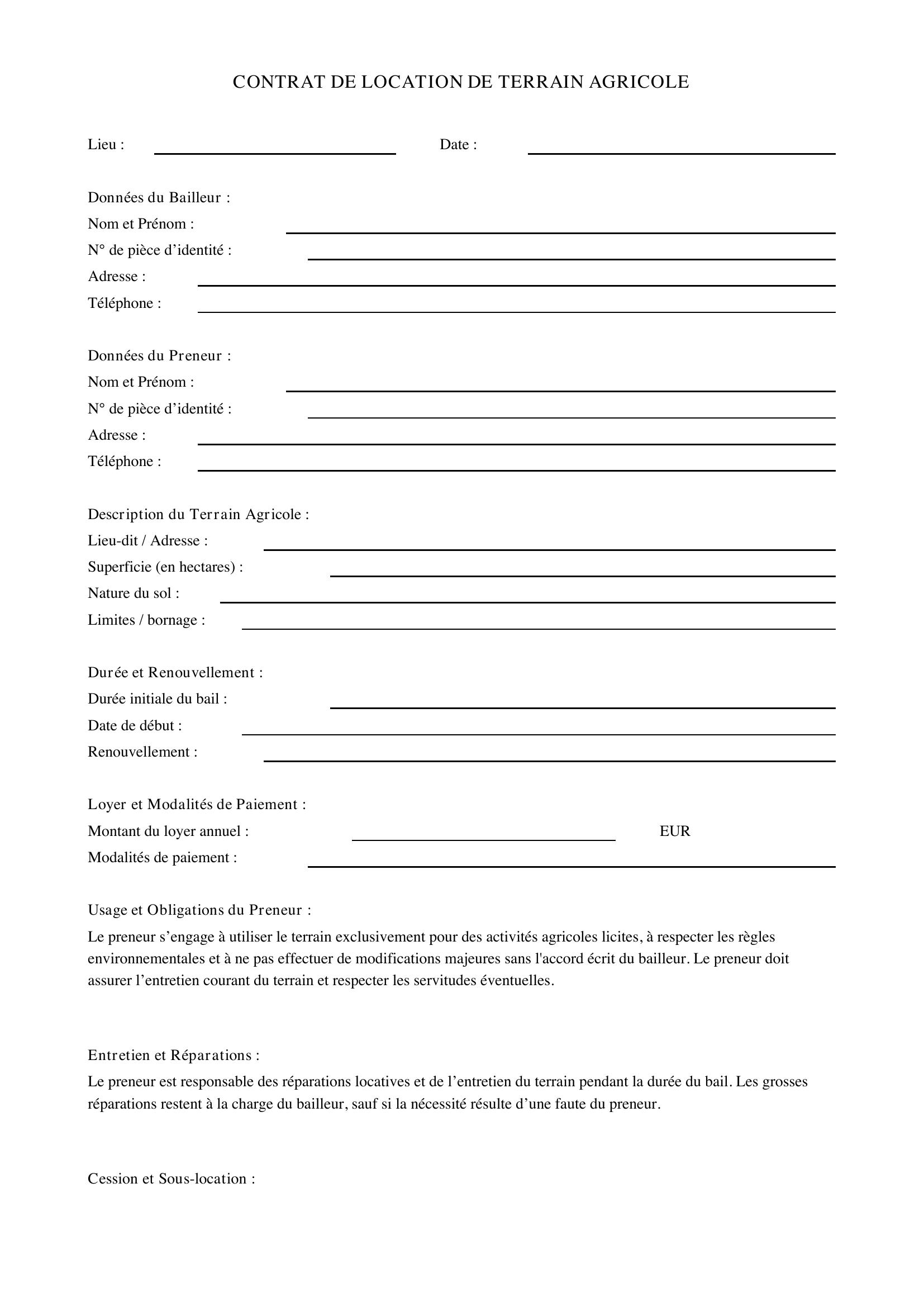Contrat De Location Terrain Agricole