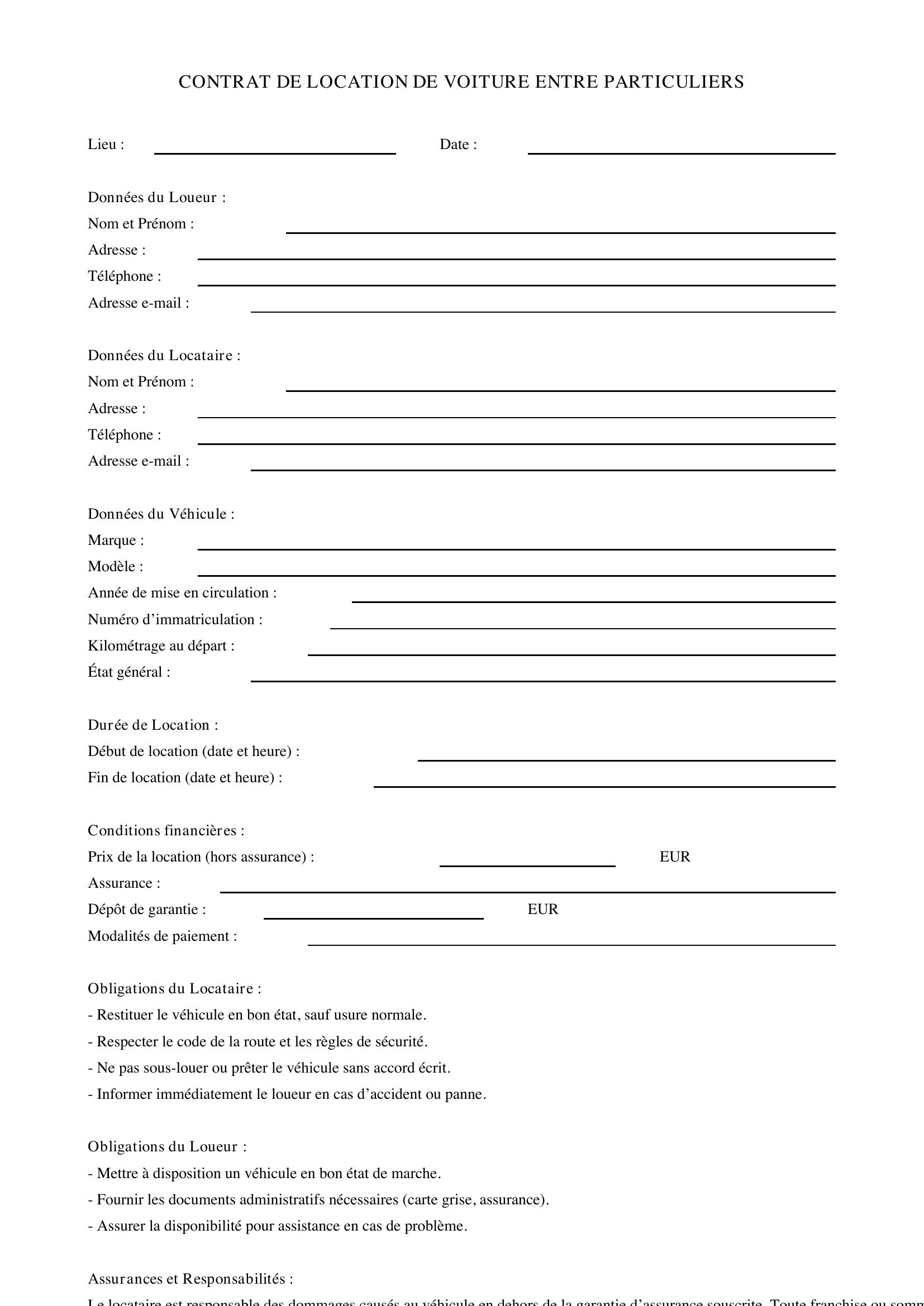 Contrat De Location Voiture Entre Particulier