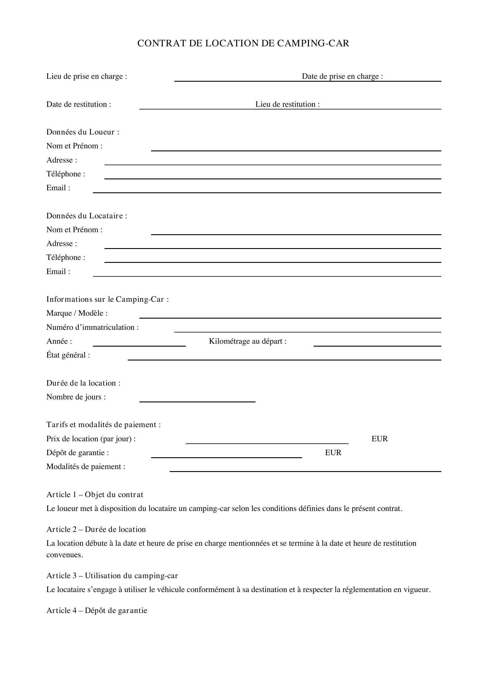 Contrat Location Camping Car