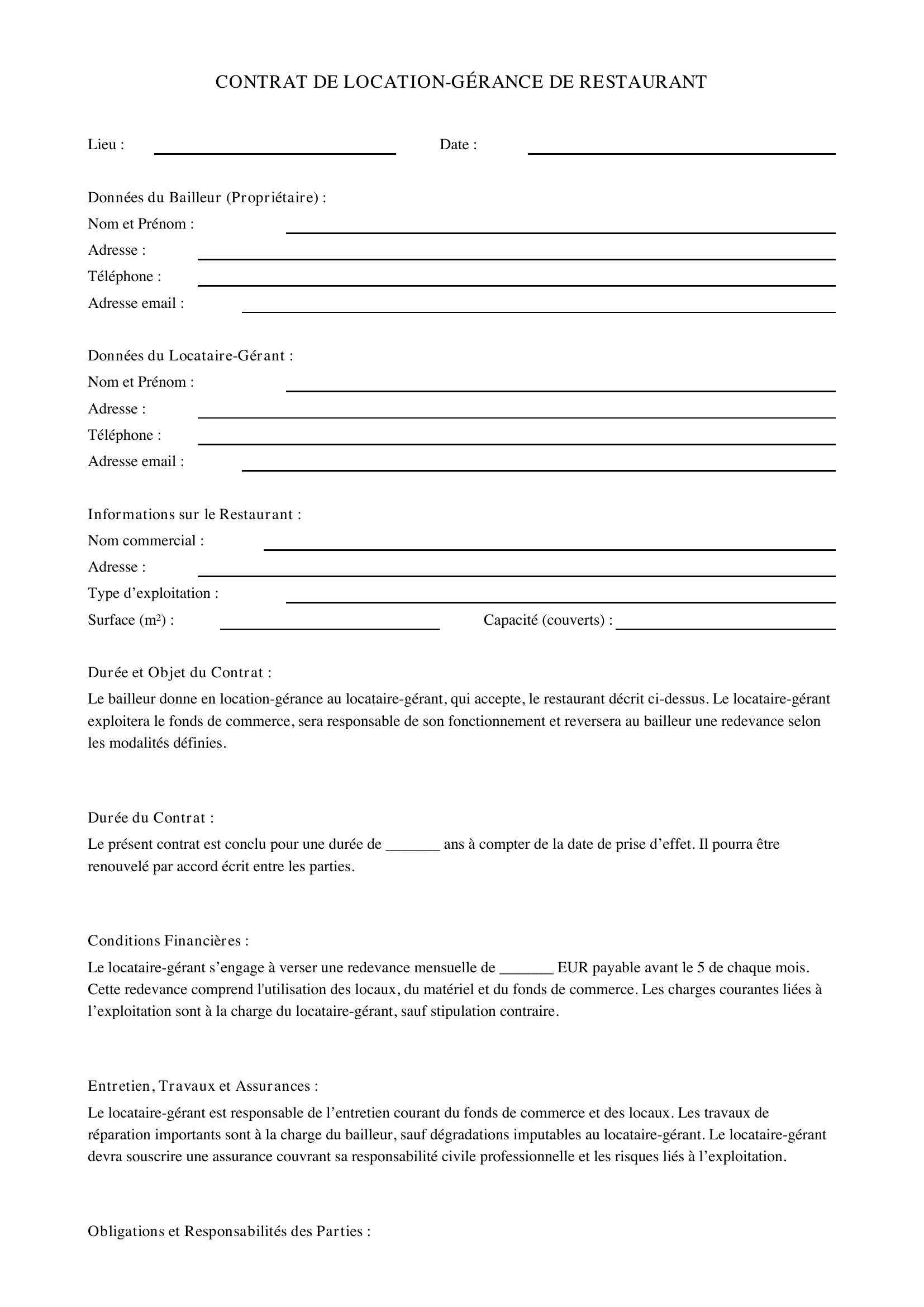 Contrat Location-Gérance Restaurant