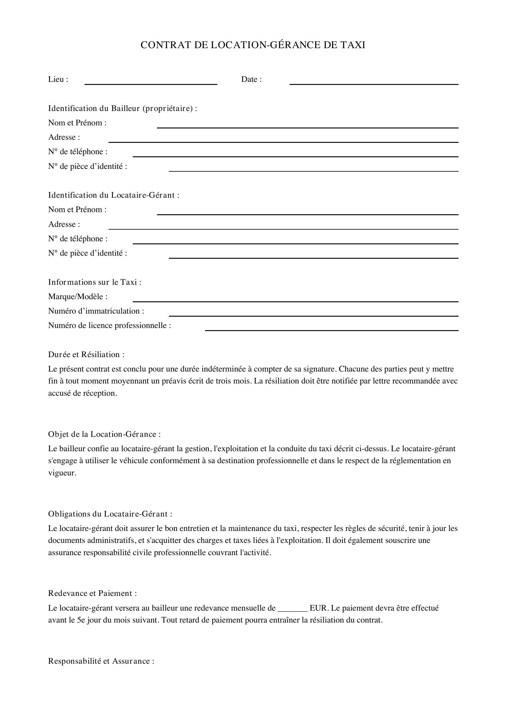 Contrat Location-Gérance Taxi