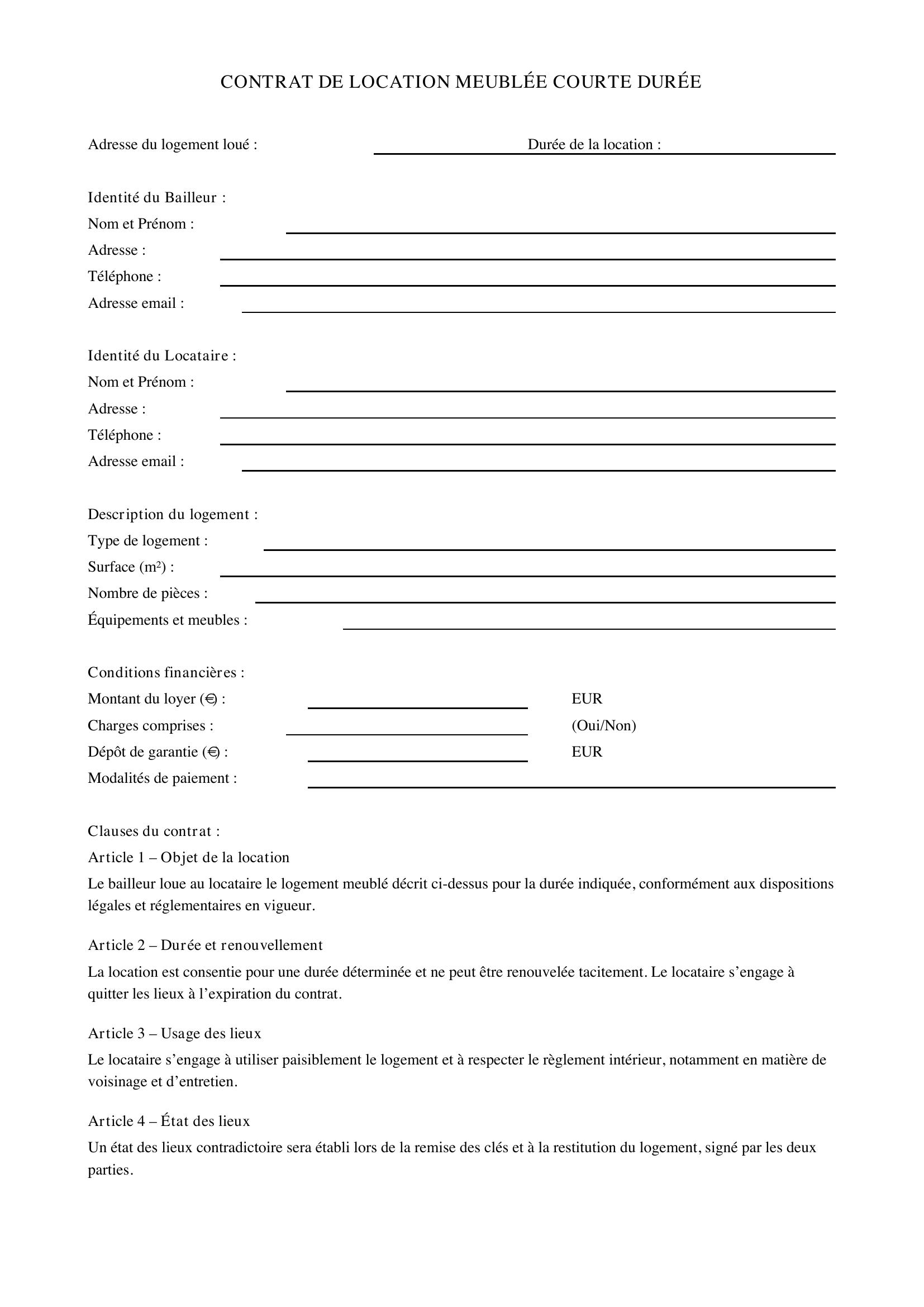 Contrat Location Meublé Courte Durée