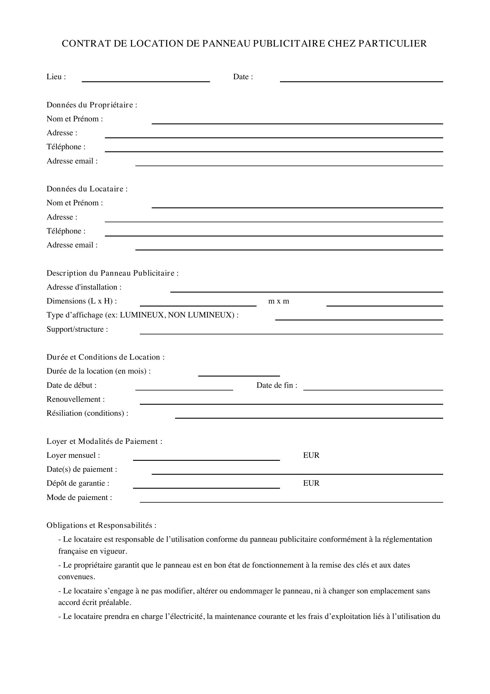 Contrat Location Panneau Publicitaire Chez Particulier