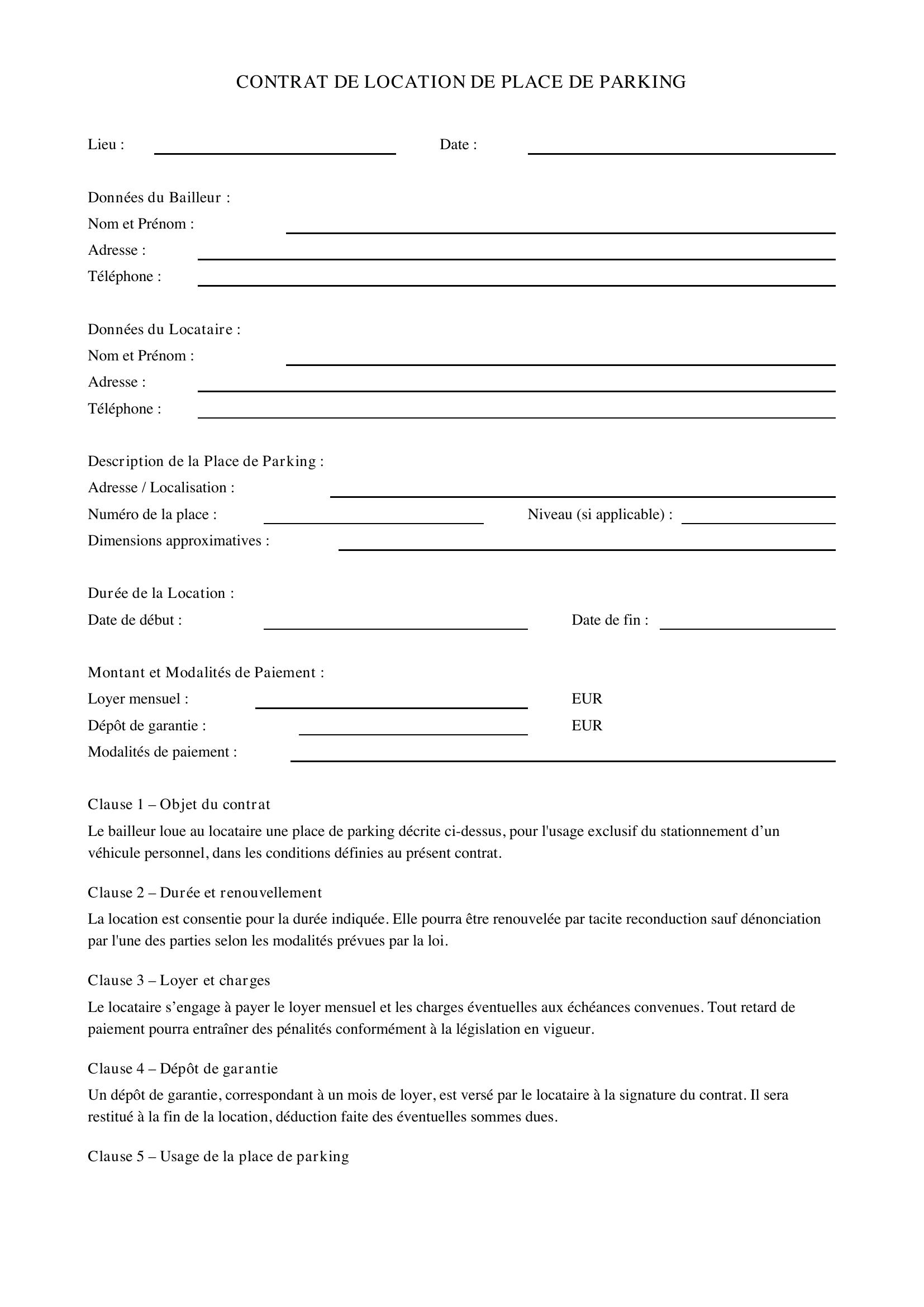 Contrat Location Parking