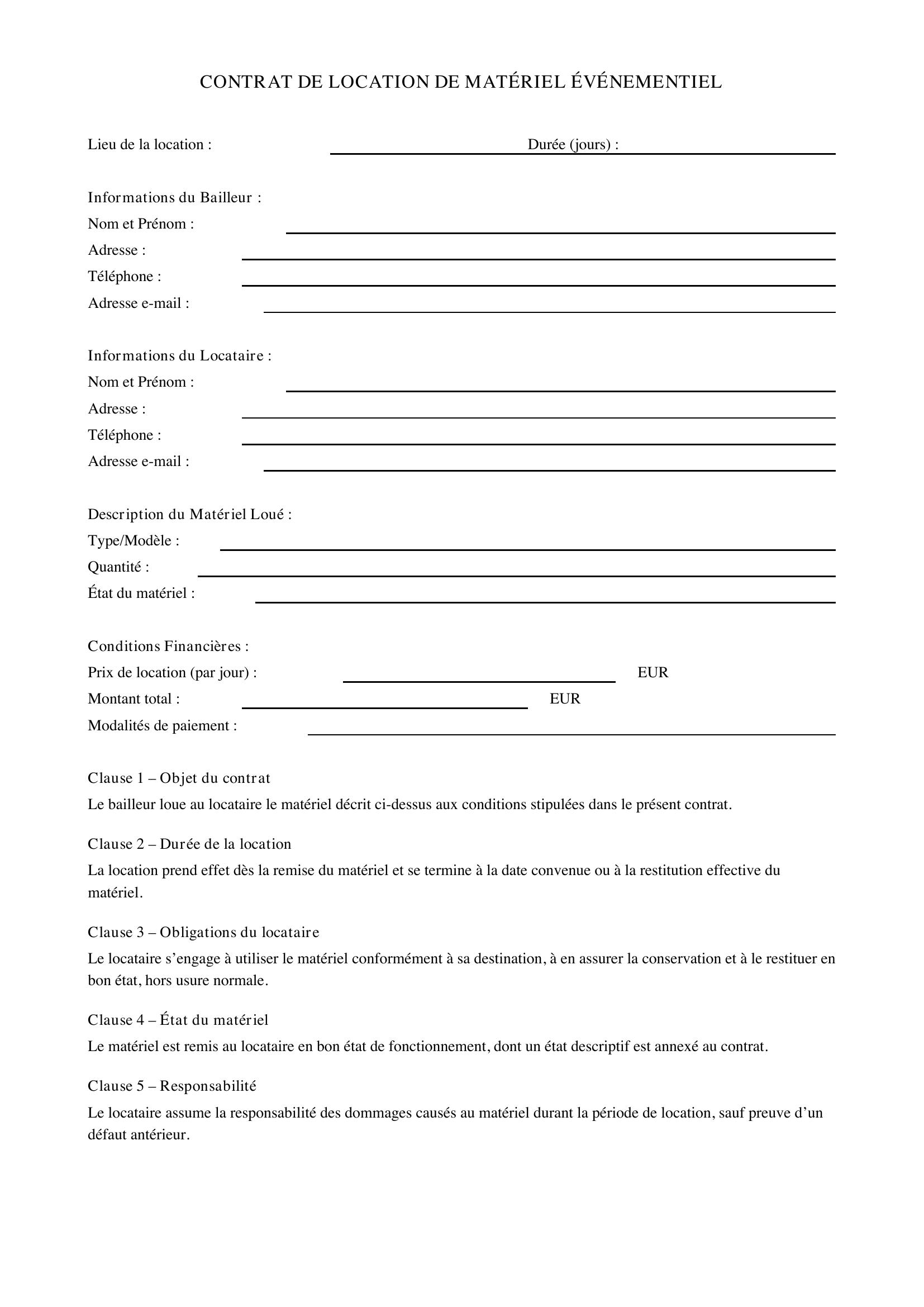 Exemple Contrat De Location Matériel Événementiel