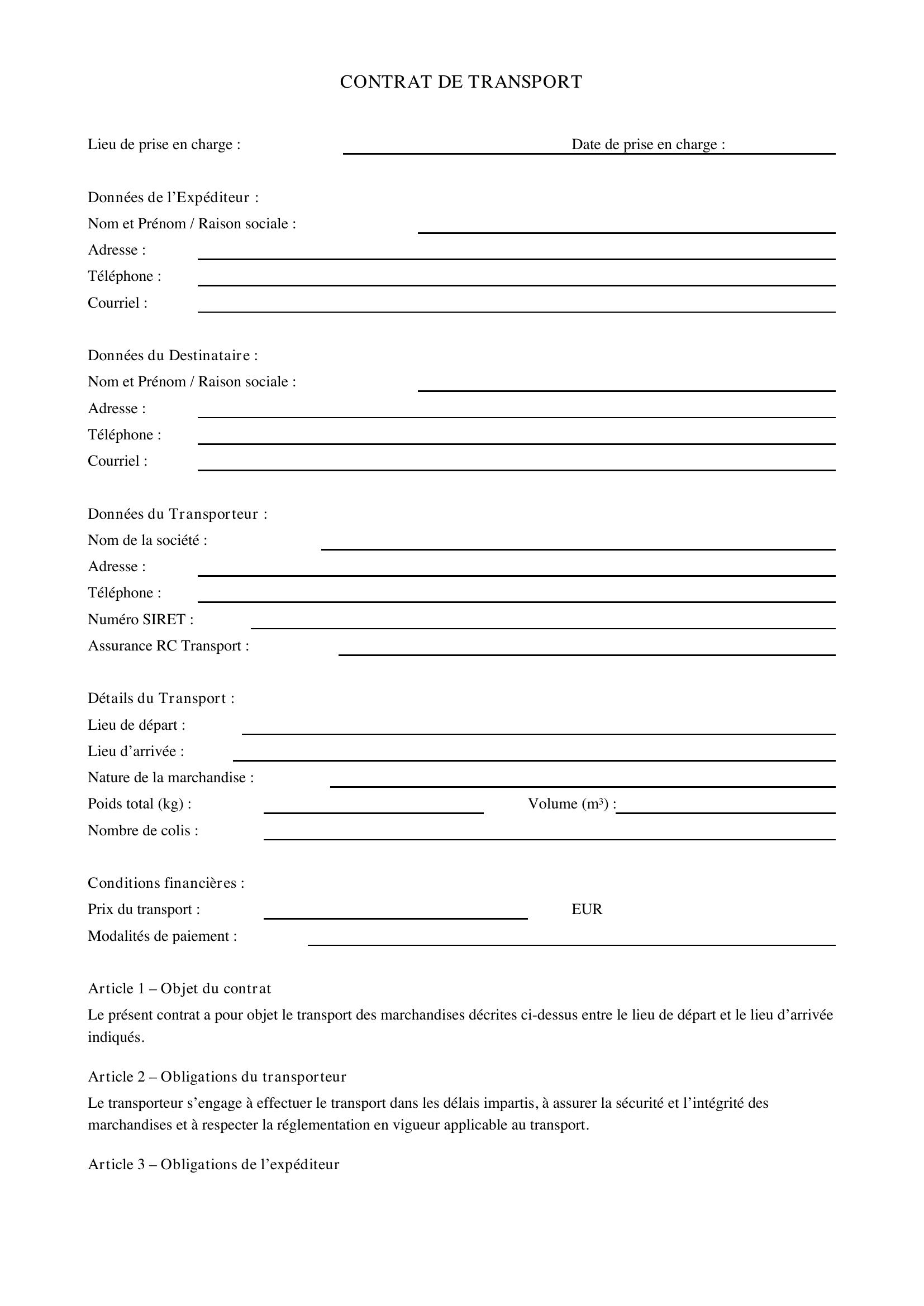 Exemple De Contrat De Transport