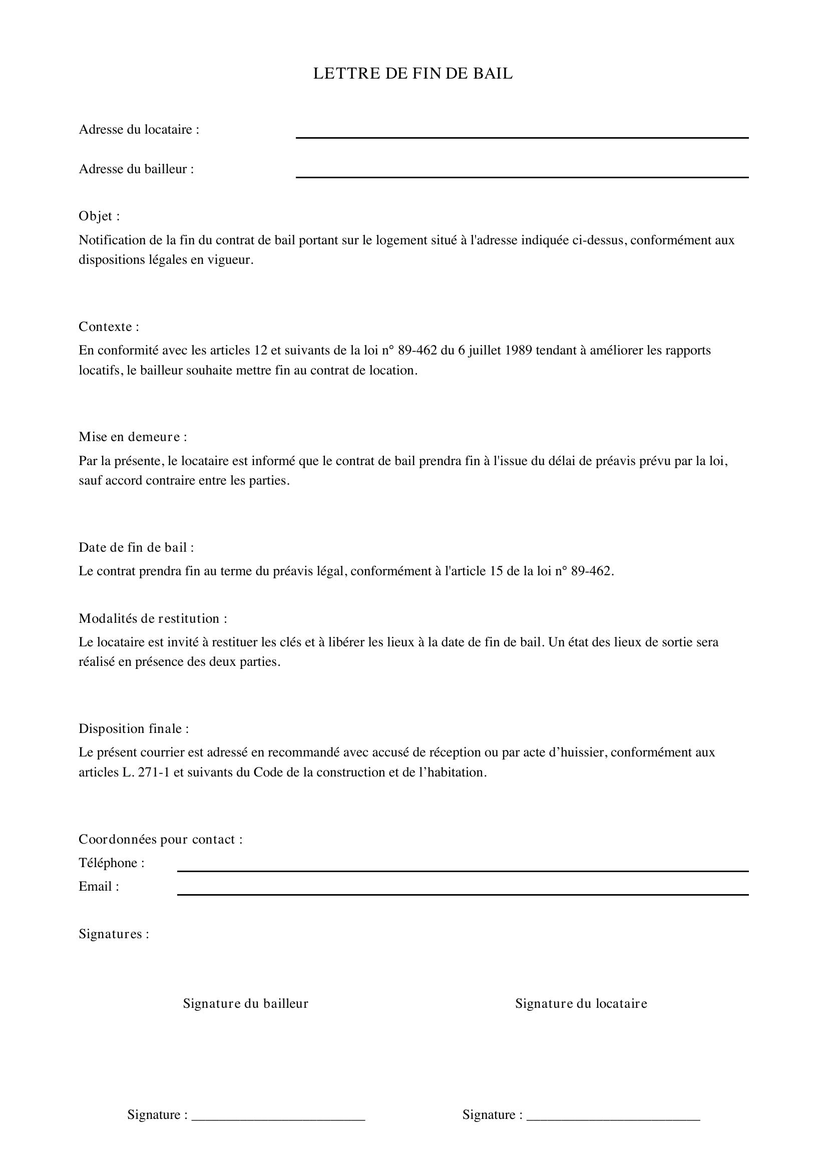 Lettre De Fin De Bail