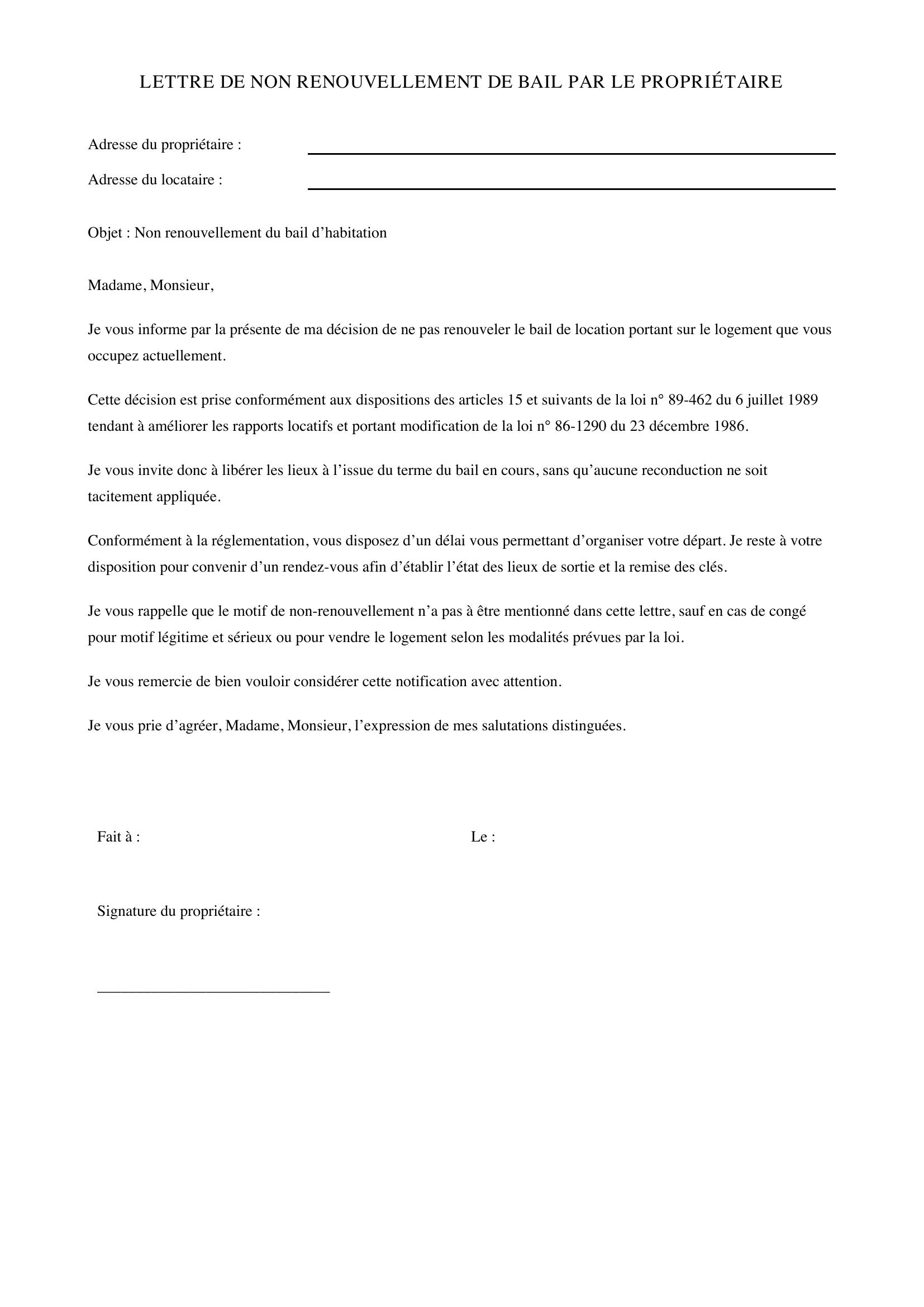 Lettre De Non Renouvellement De Bail Par Le Propriétaire