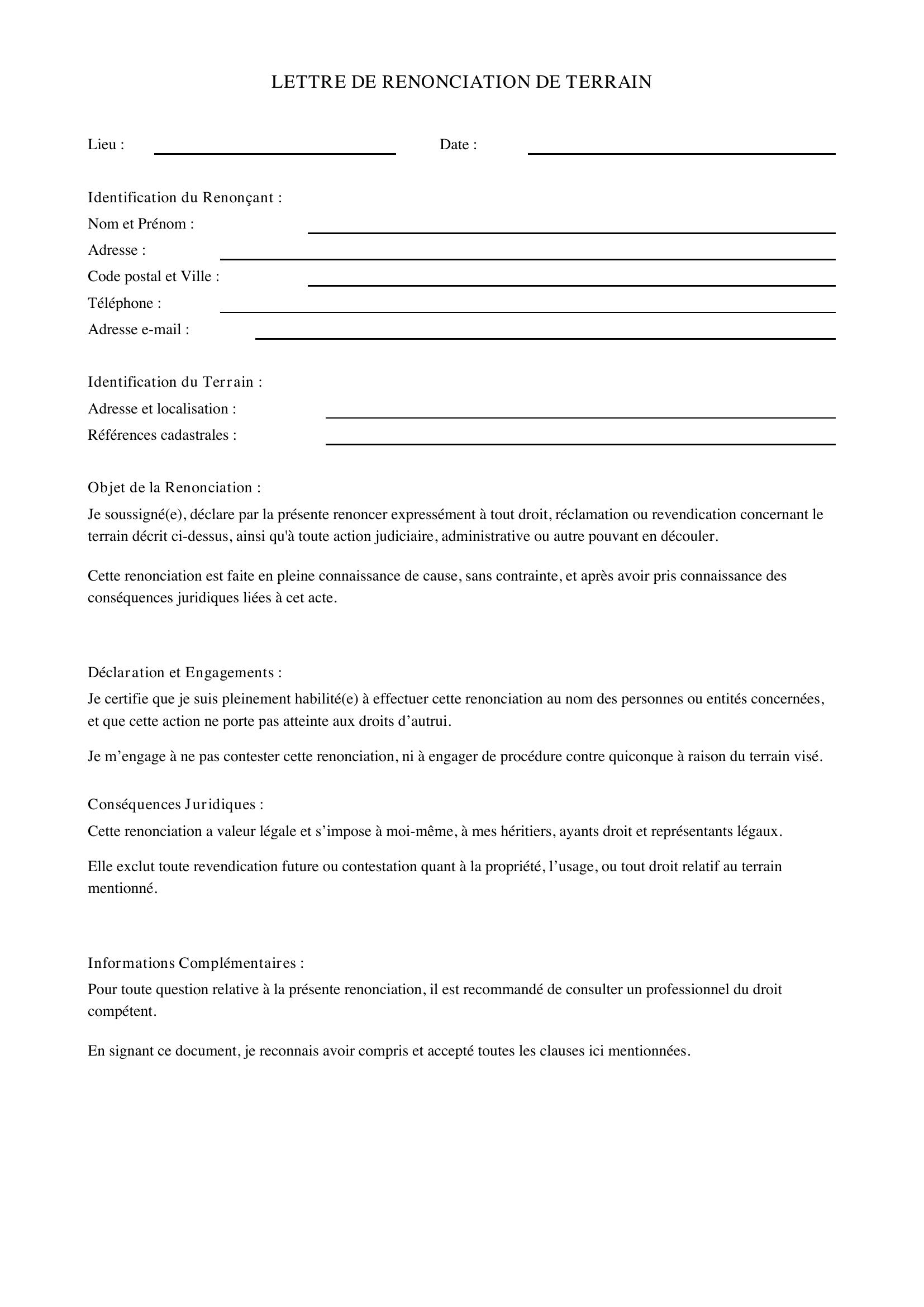 Lettre De Renonciation De Terrain