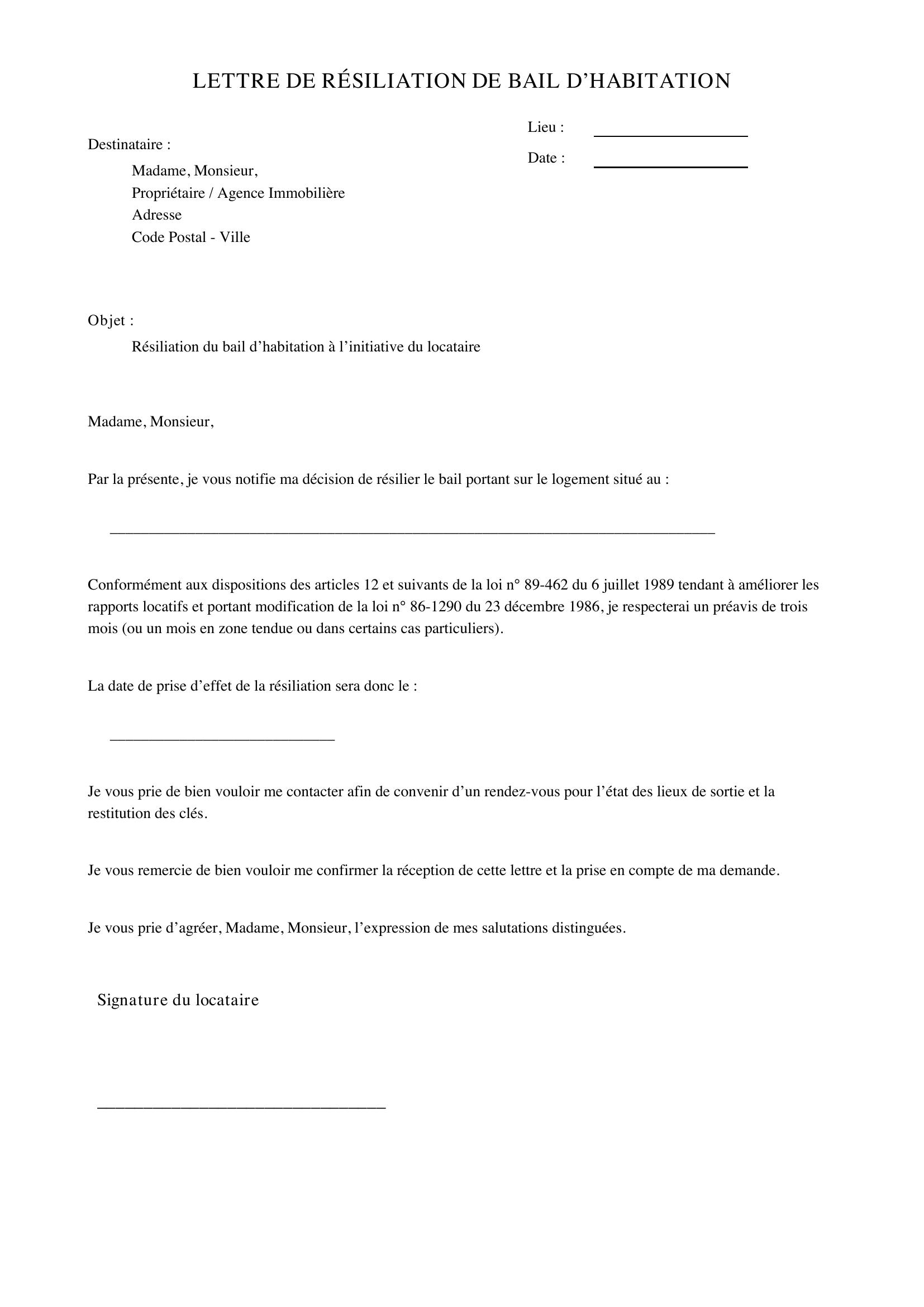 Lettre De Résiliation De Bail