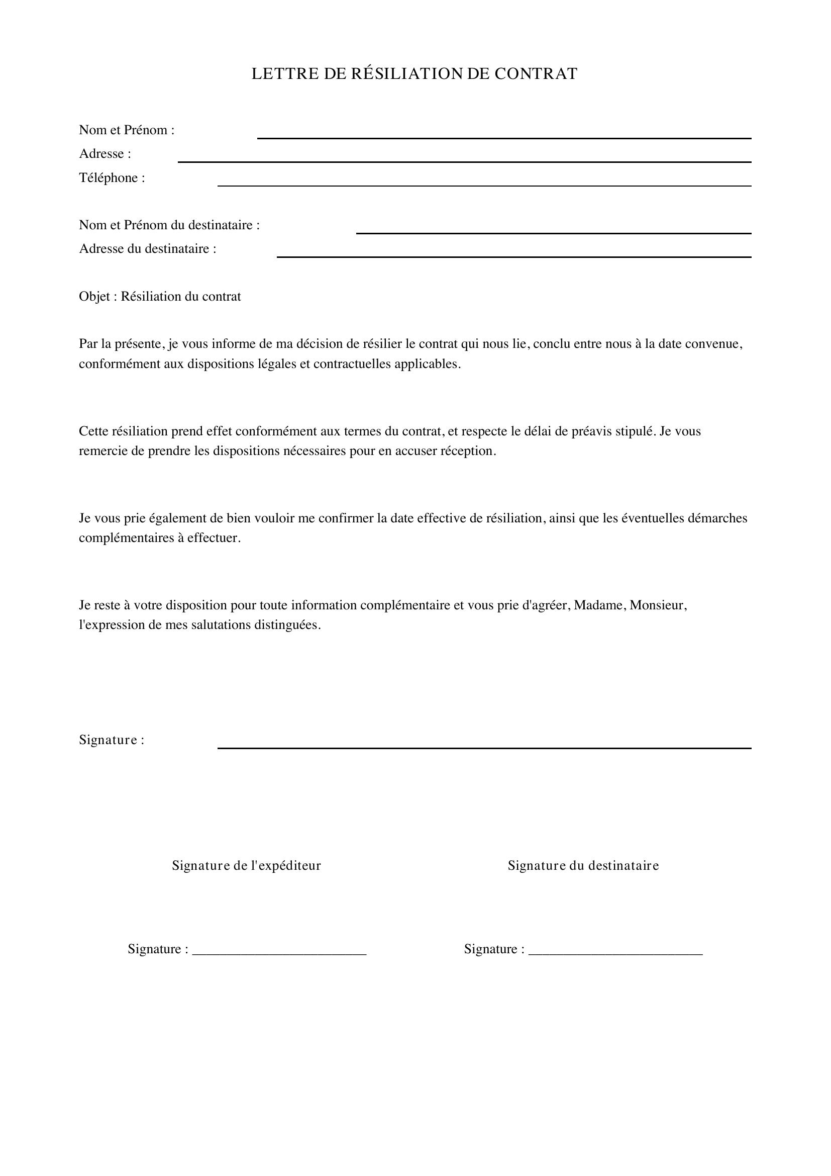 Lettre De Résiliation De Contrat