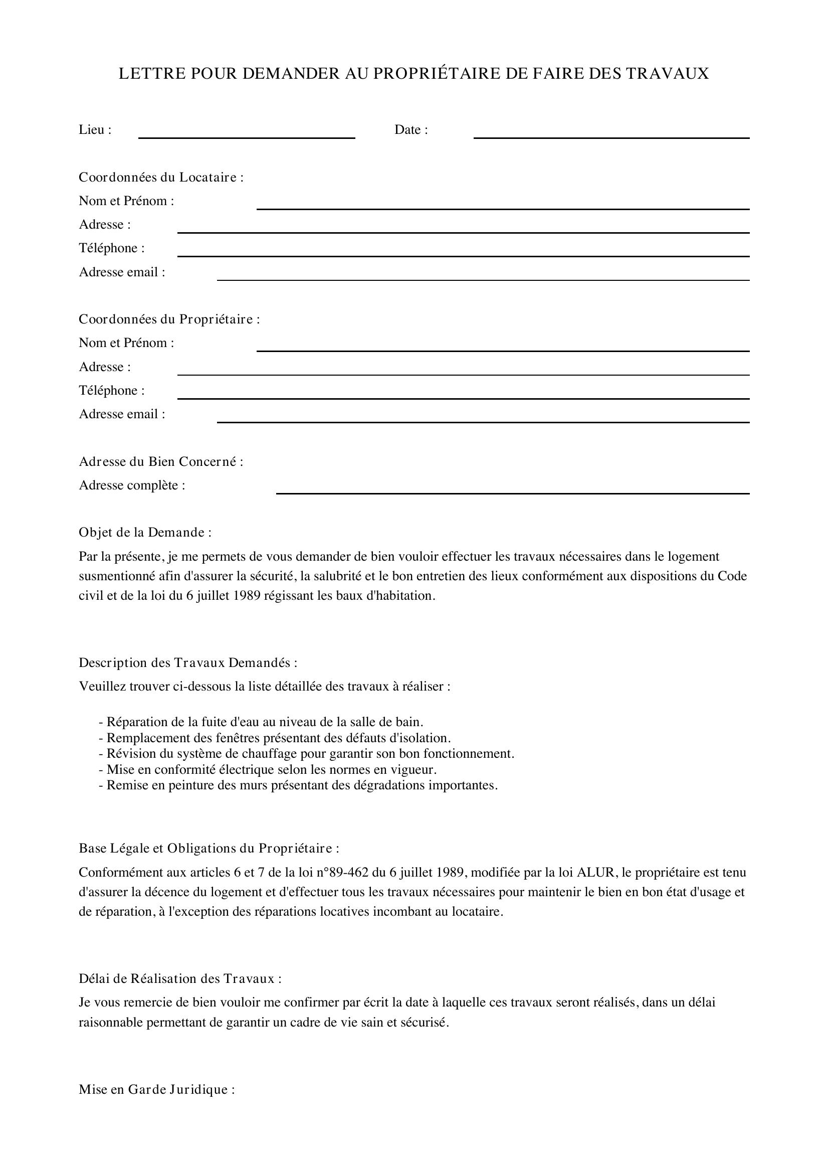 Lettre Pour Demander Au Propriétaire De Faire Des Travaux