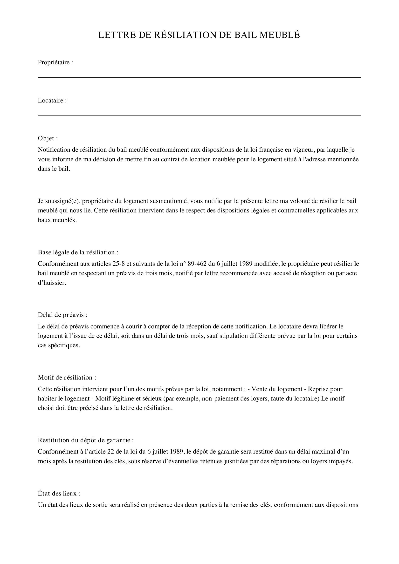Lettre Résiliation Bail Meublé Propriétaire