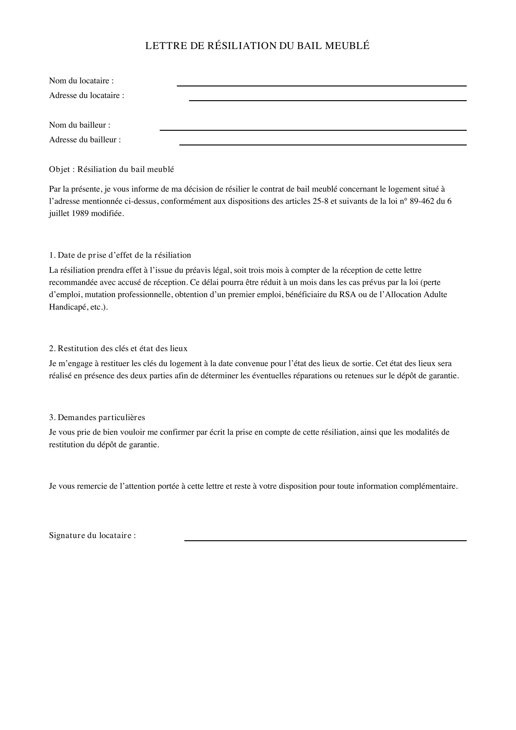 Lettre Résiliation Bail Meublé