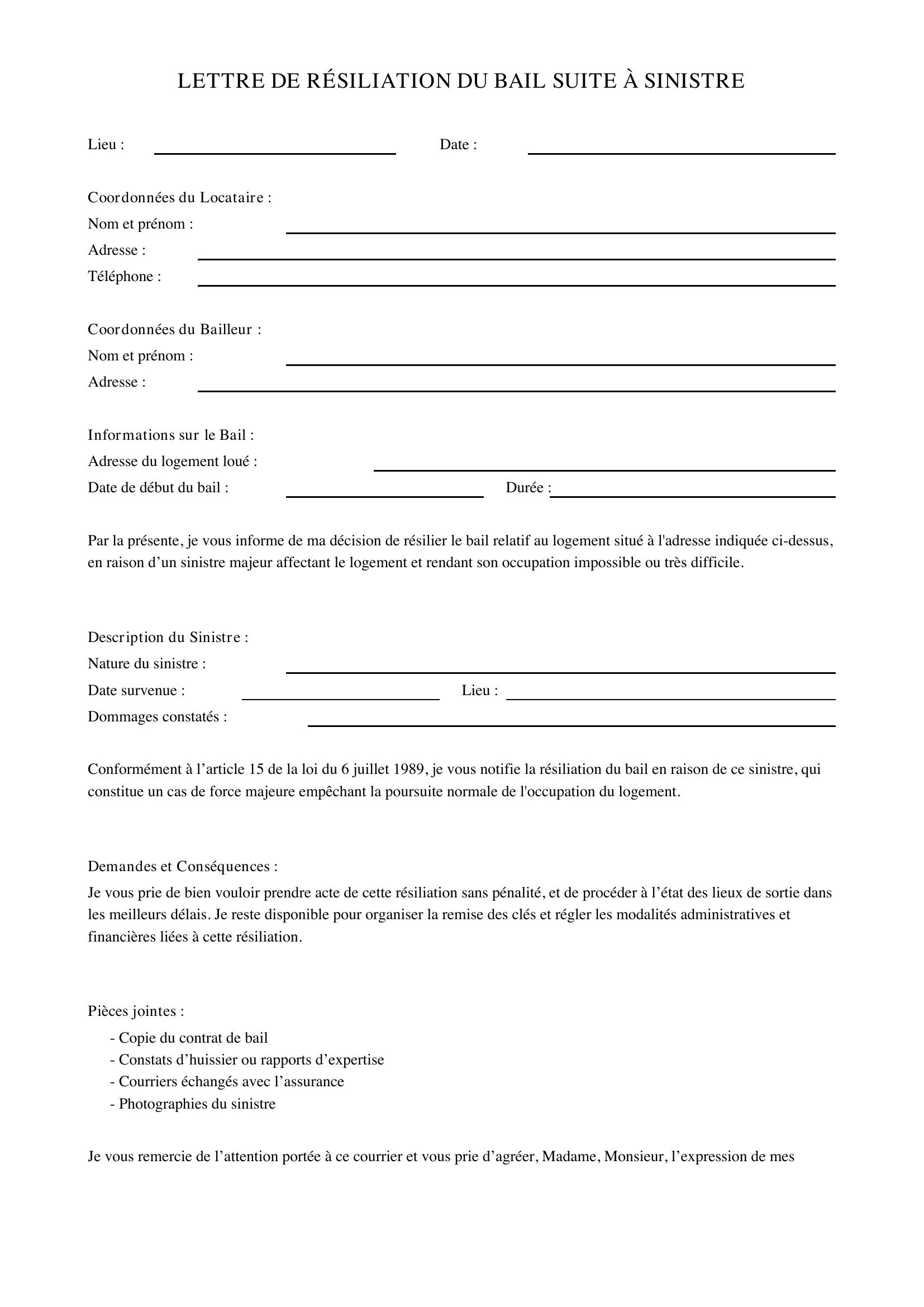 Lettre Résiliation Bail Suite Sinistre