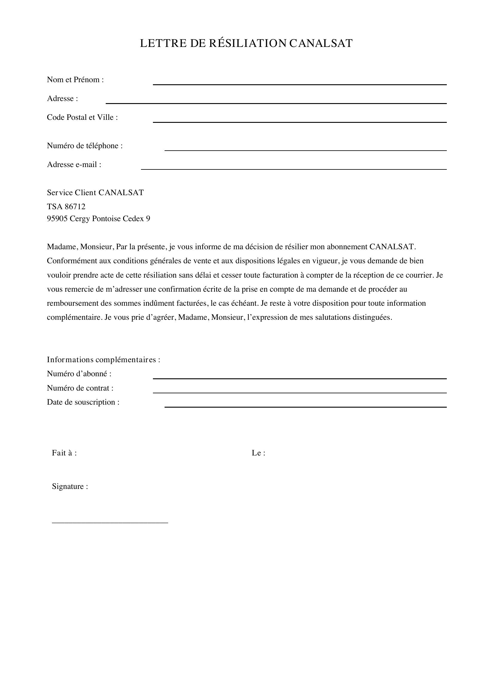 Lettre Résiliation Canalsat