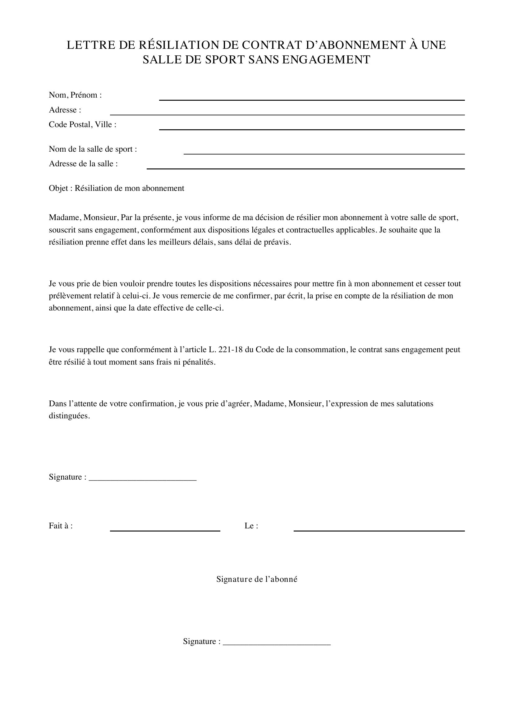 Lettre Résiliation Salle De Sport Sans Engagement
