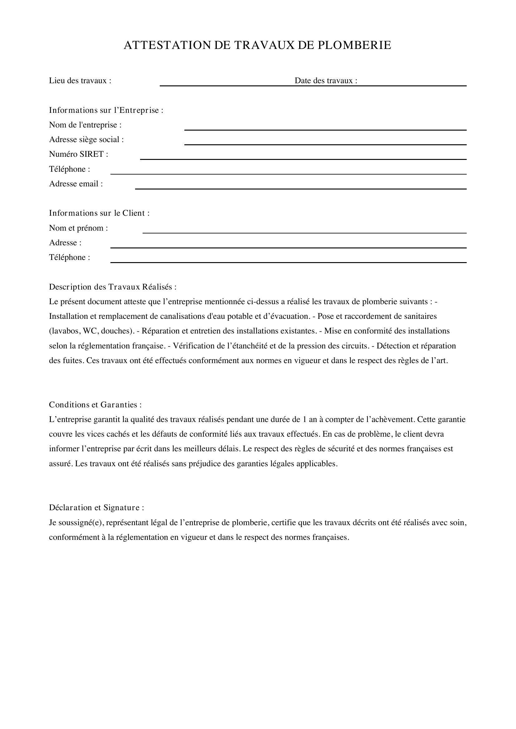 Modèle Attestation Plombier
