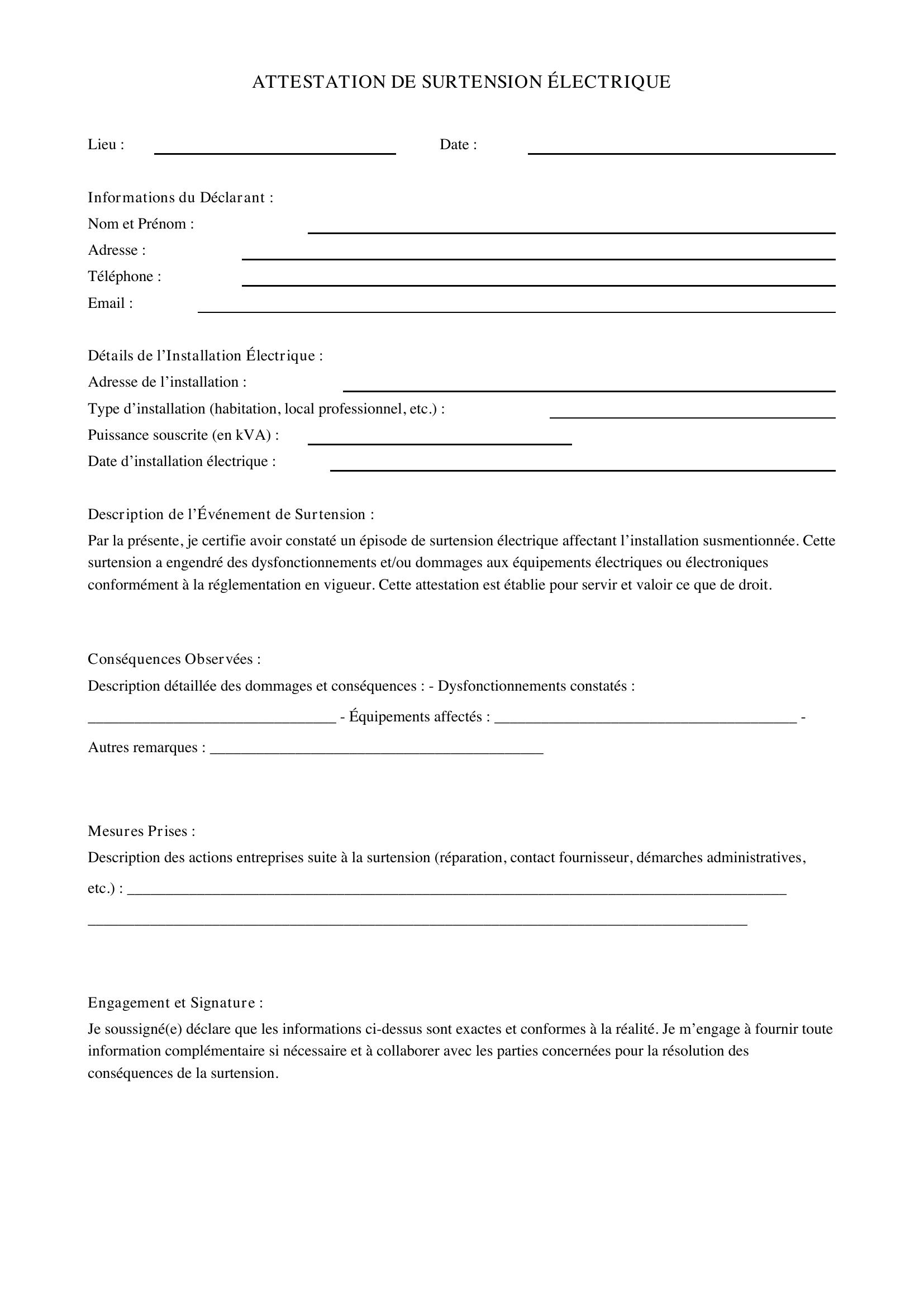Modèle Attestation Surtension Électrique