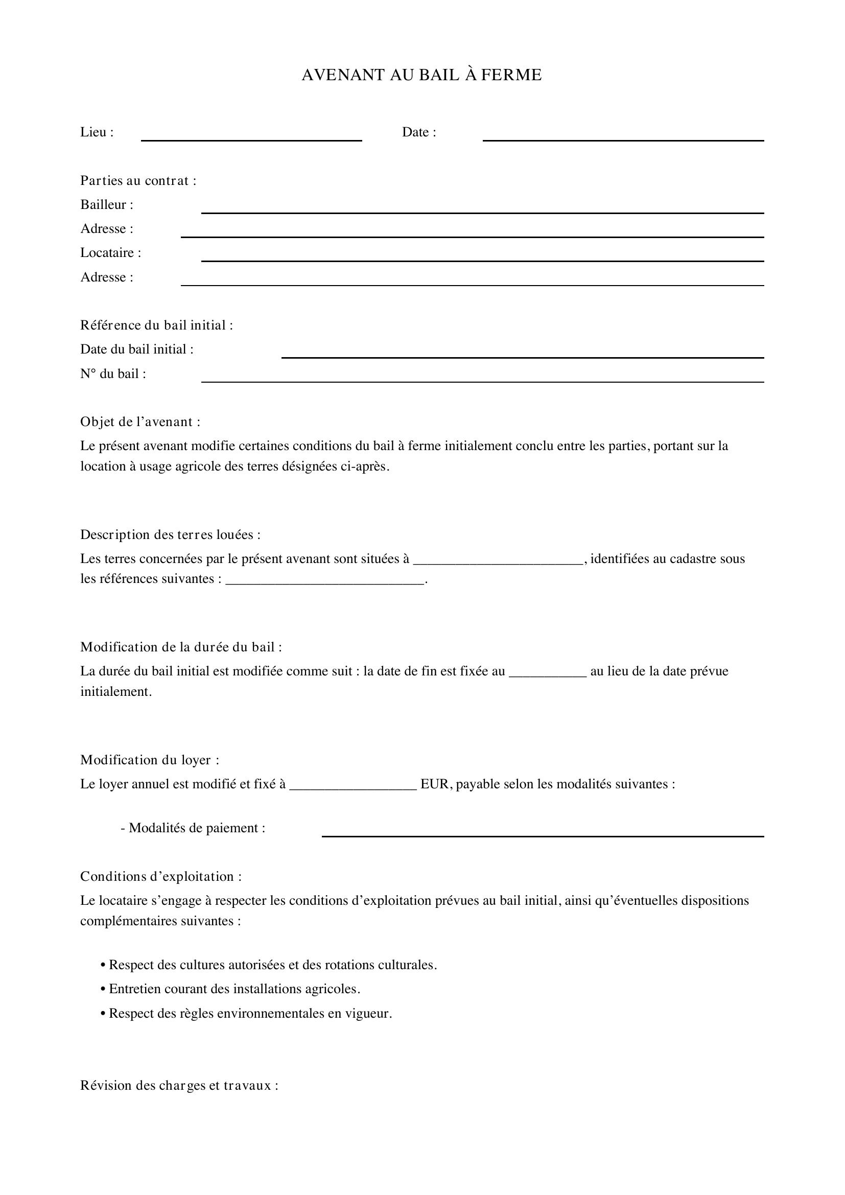 Modèle Avenant Bail À Ferme