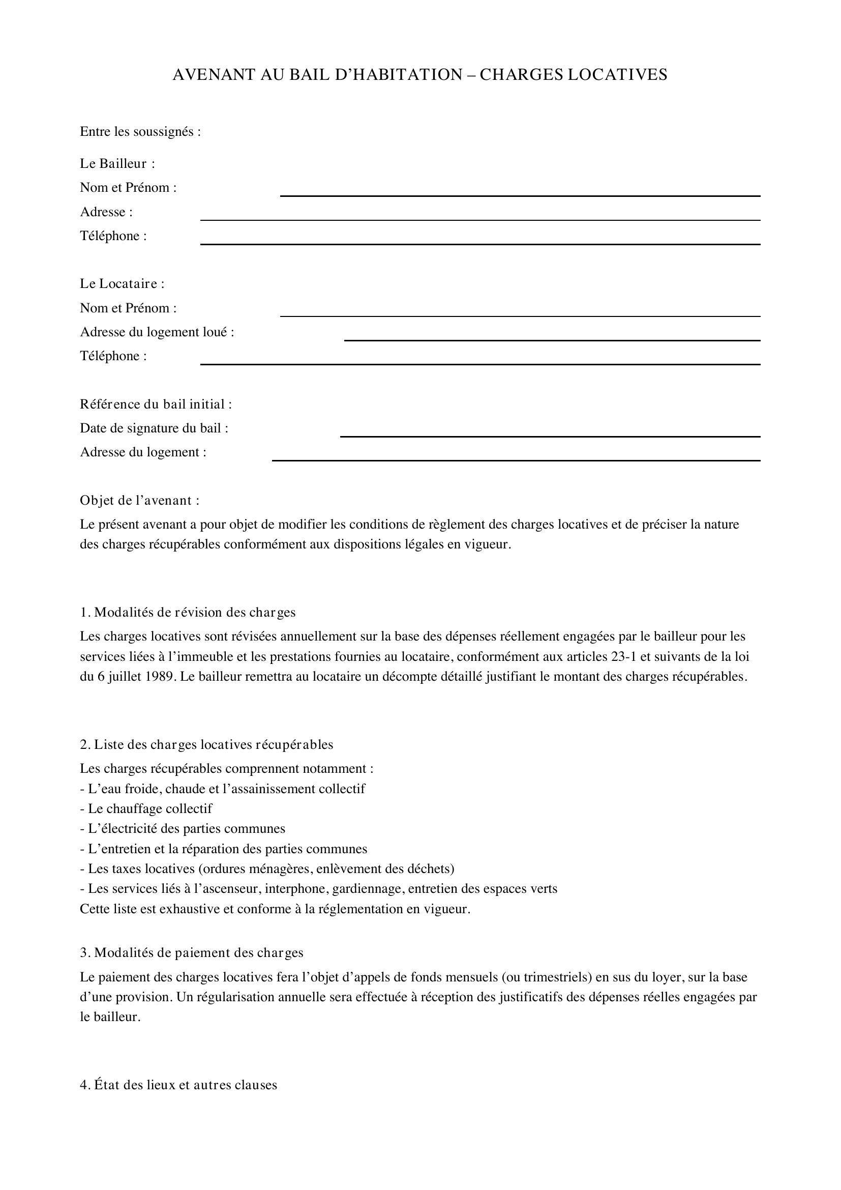 Modèle Avenant Bail Charges Locatives