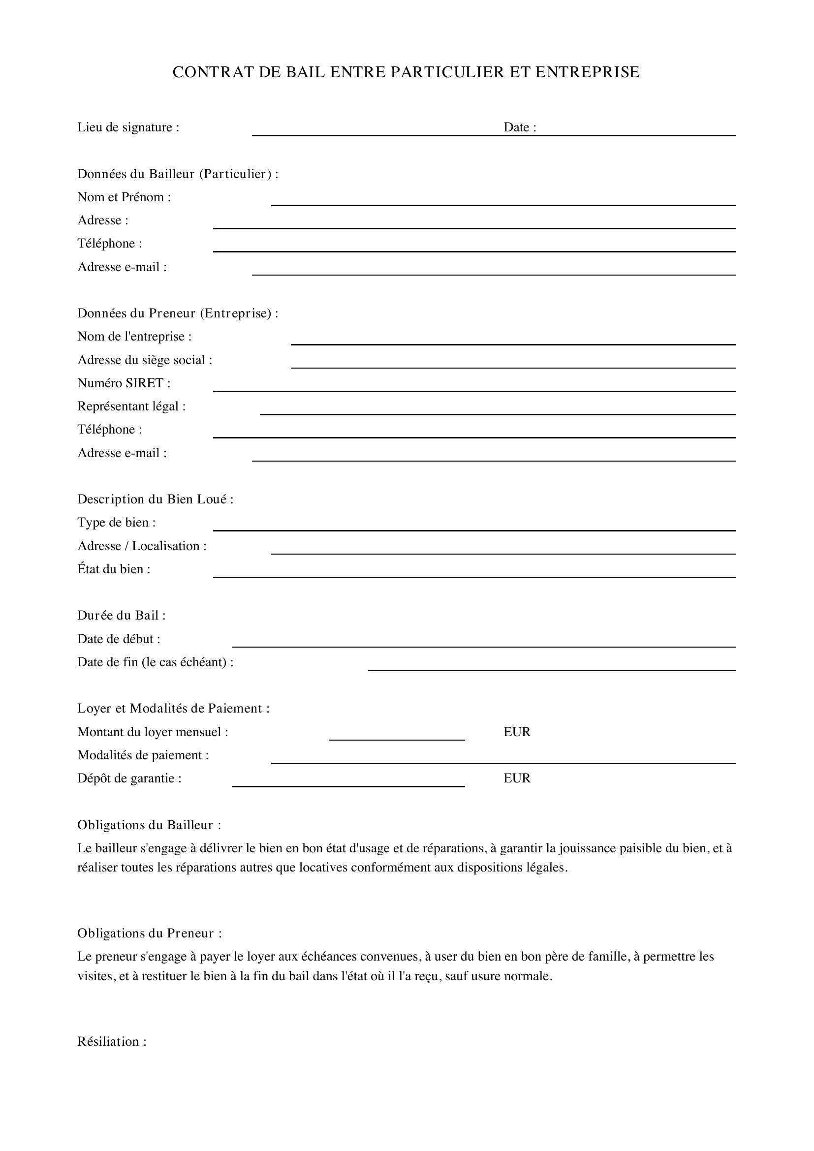 Modèle Bail Entre Particulier Et Entreprise