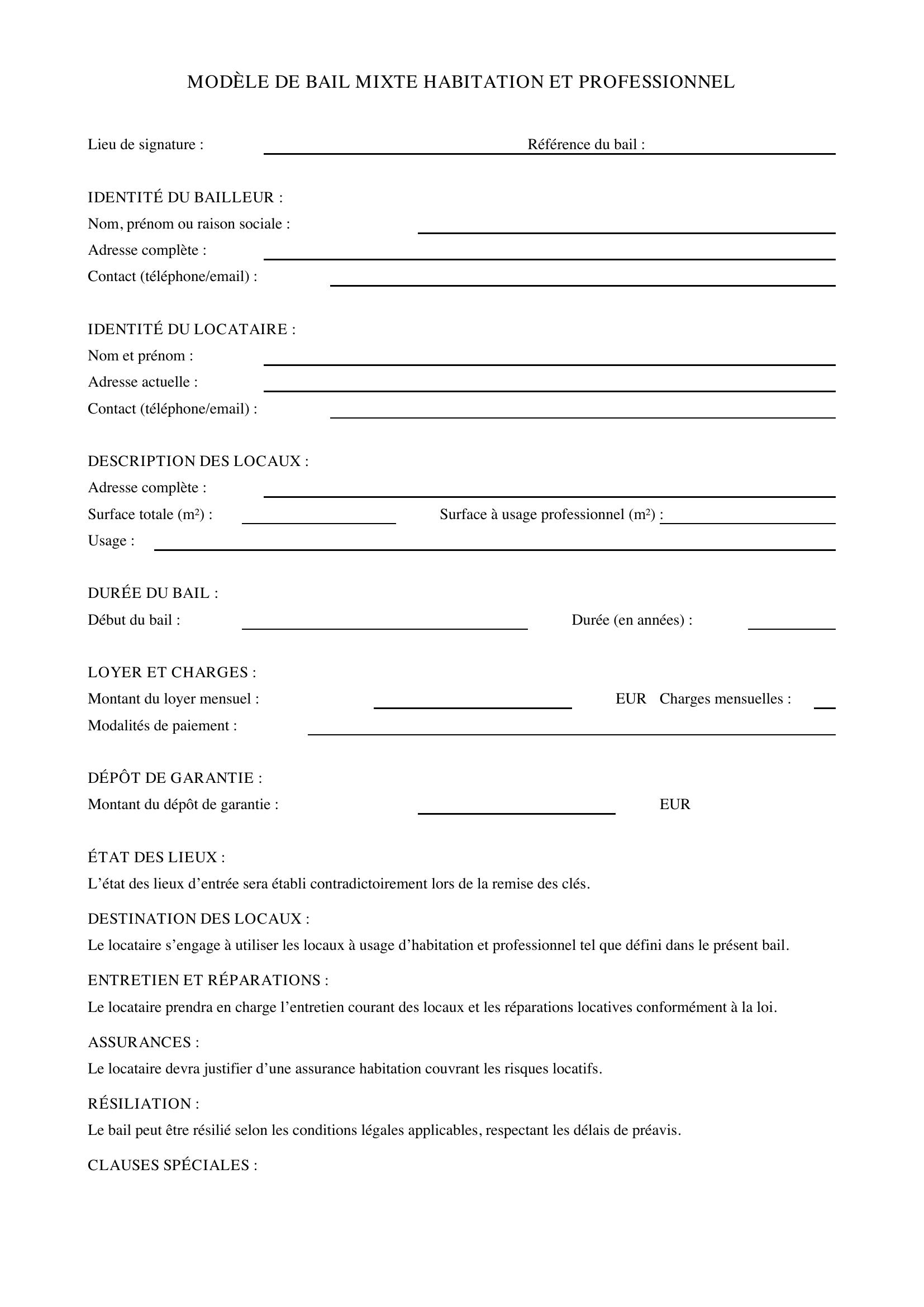 Modèle Bail Mixte Habitation Et Professionnel
