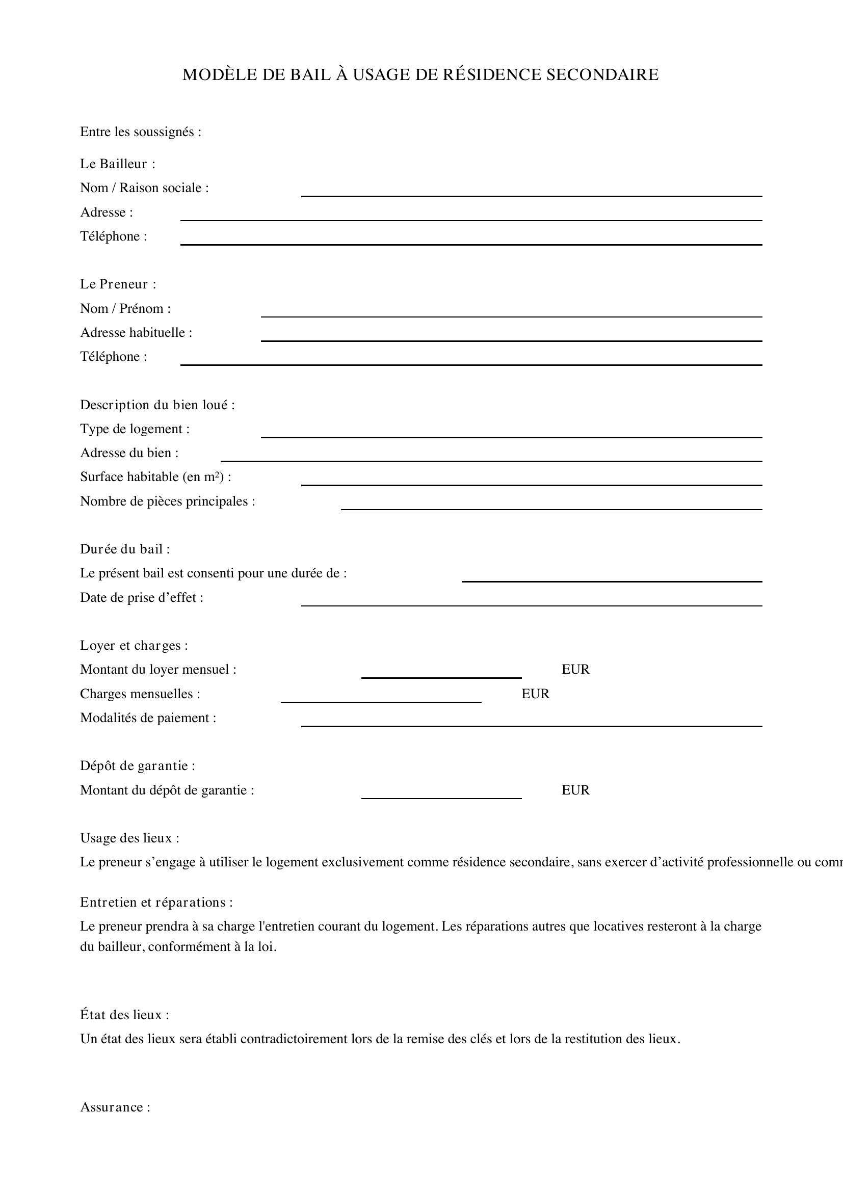 Modèle Bail Résidence Secondaire