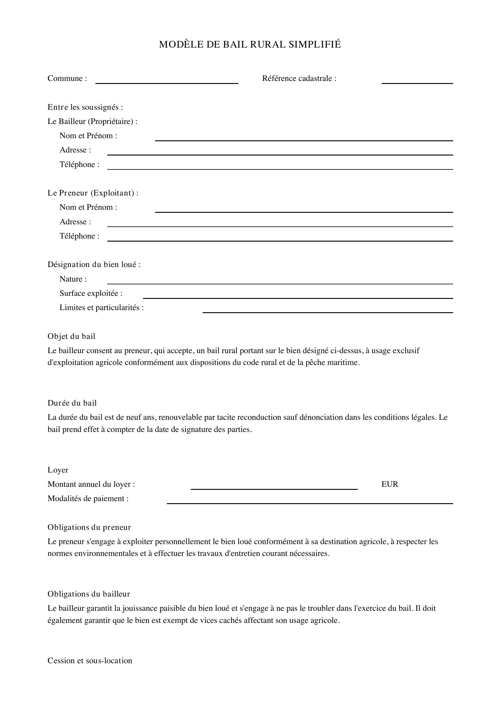 Modèle Bail Rural Simplifié