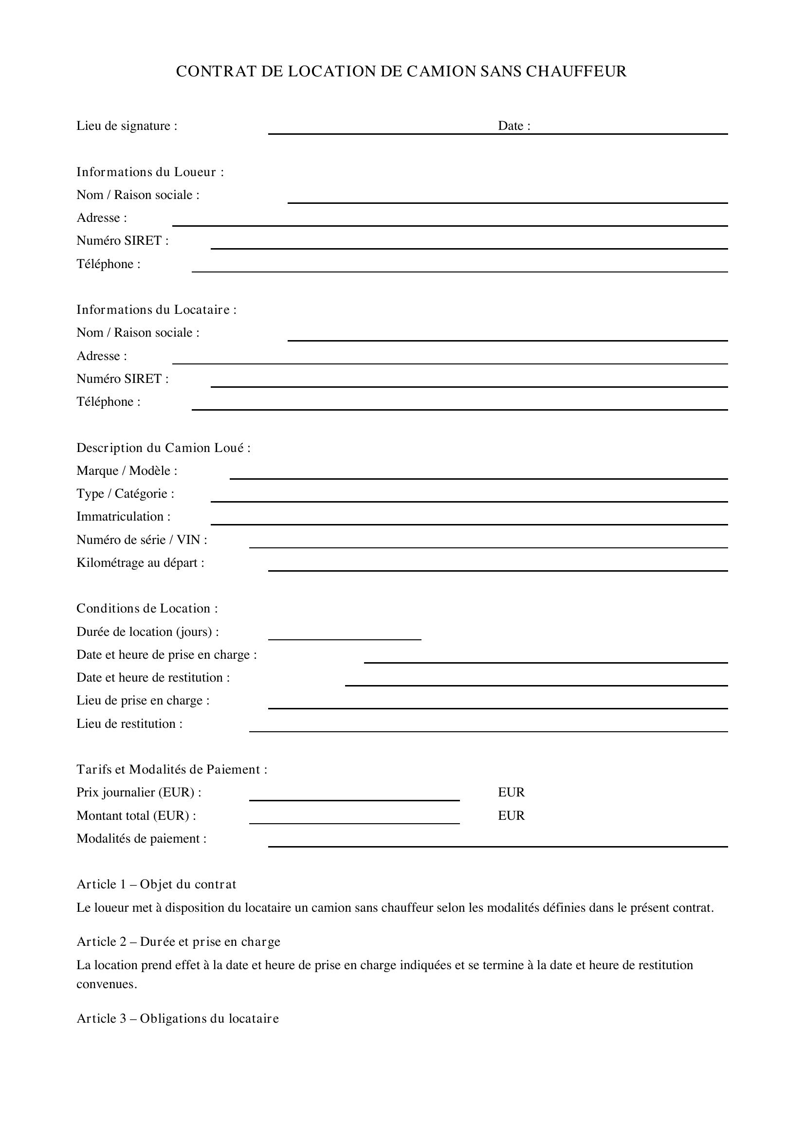 Modèle Contrat De Location Camion Sans Chauffeur