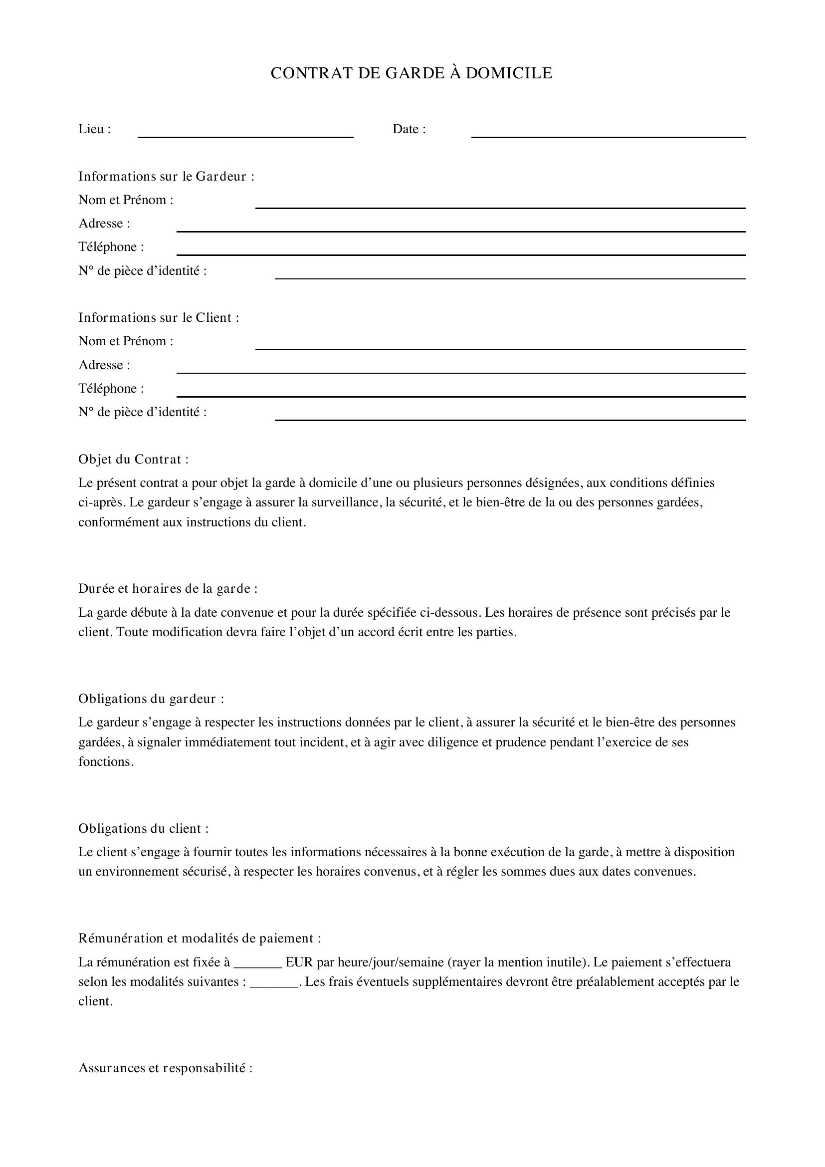 Modèle Contrat Garde À Domicile